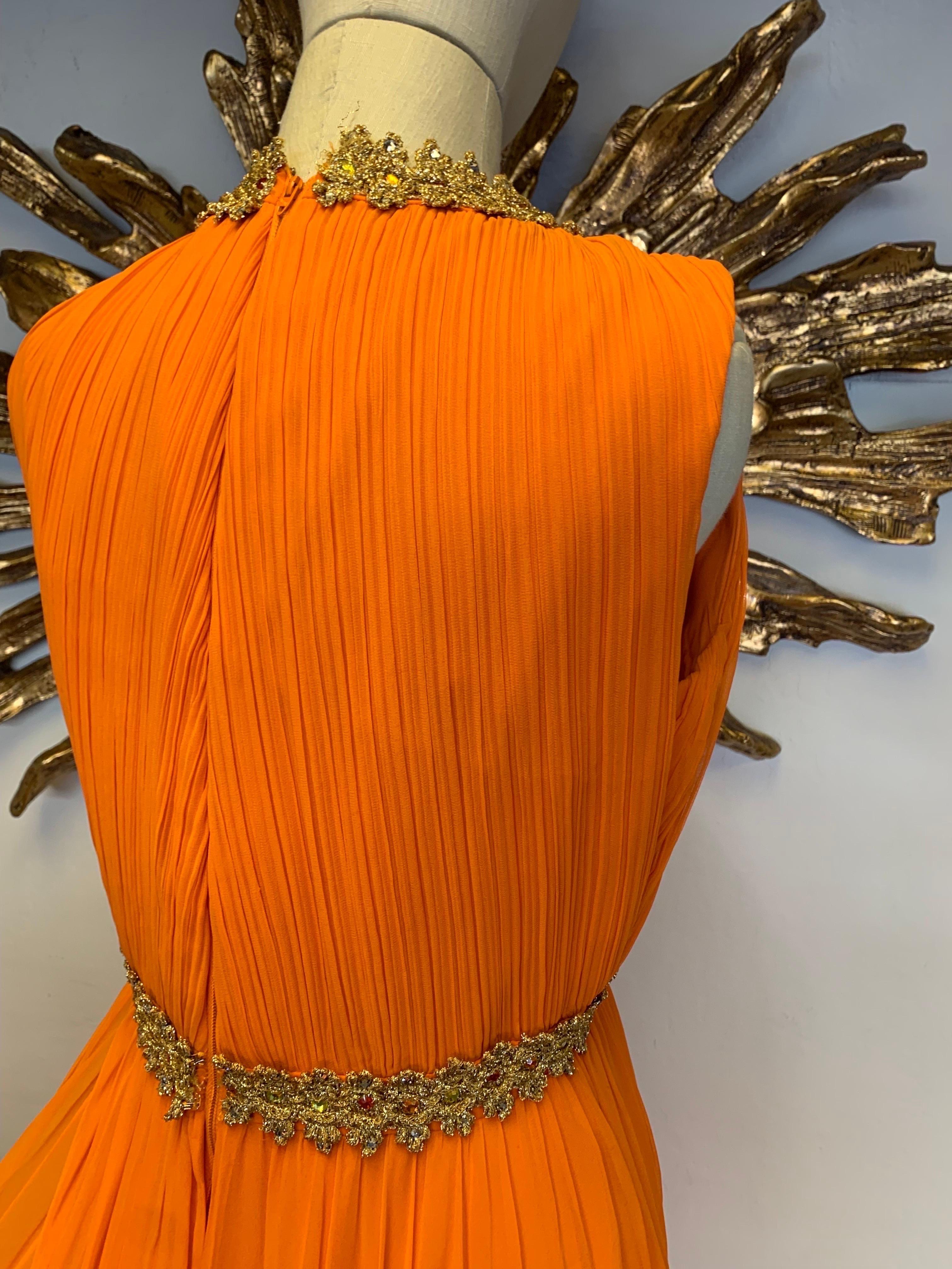 Women's 1960s Amen Wardy Orange Knife-Pleated Goddess Gown with Jeweled Neckline & Waist For Sale