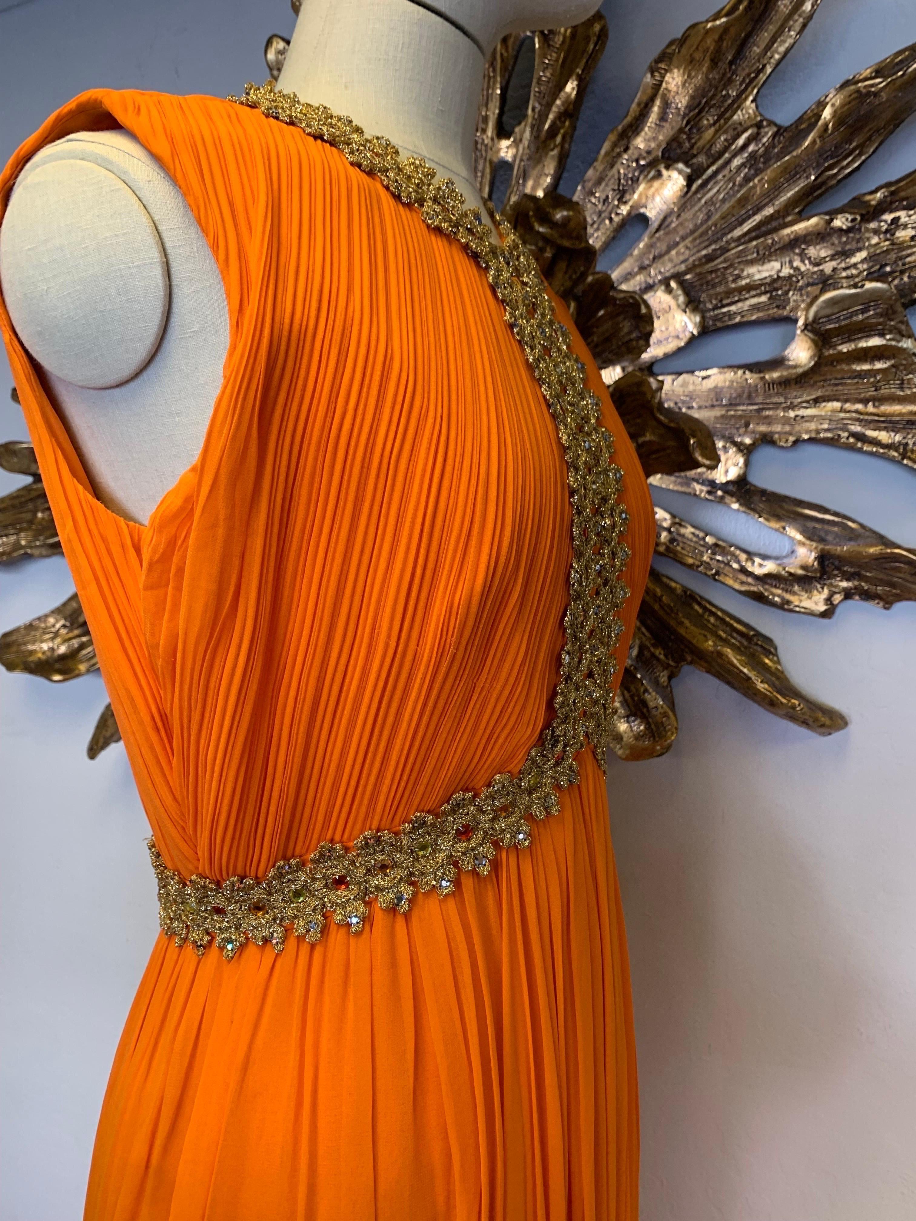 1960s Amen Wardy Orange Knife-Pleated Goddess Gown with Jeweled Neckline & Waist For Sale 2