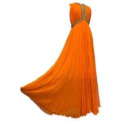 1960s Amen Wardy Orange Knife-Pleated Goddess Gown with Jeweled Neckline & Waist