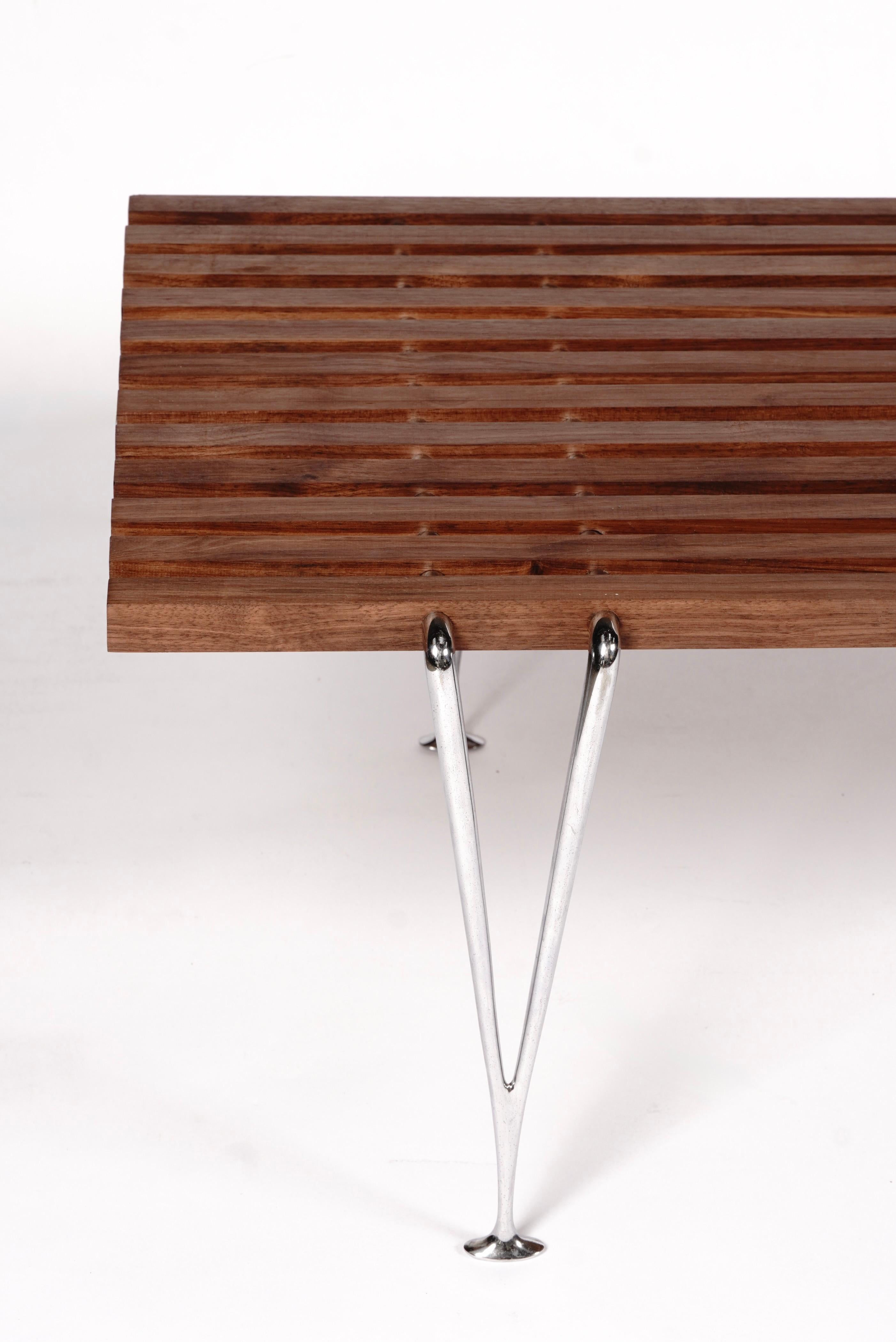 1960s American Desiger Hugh Acton Slat Coffee Table / Bench in Walnut / Chrome For Sale 7