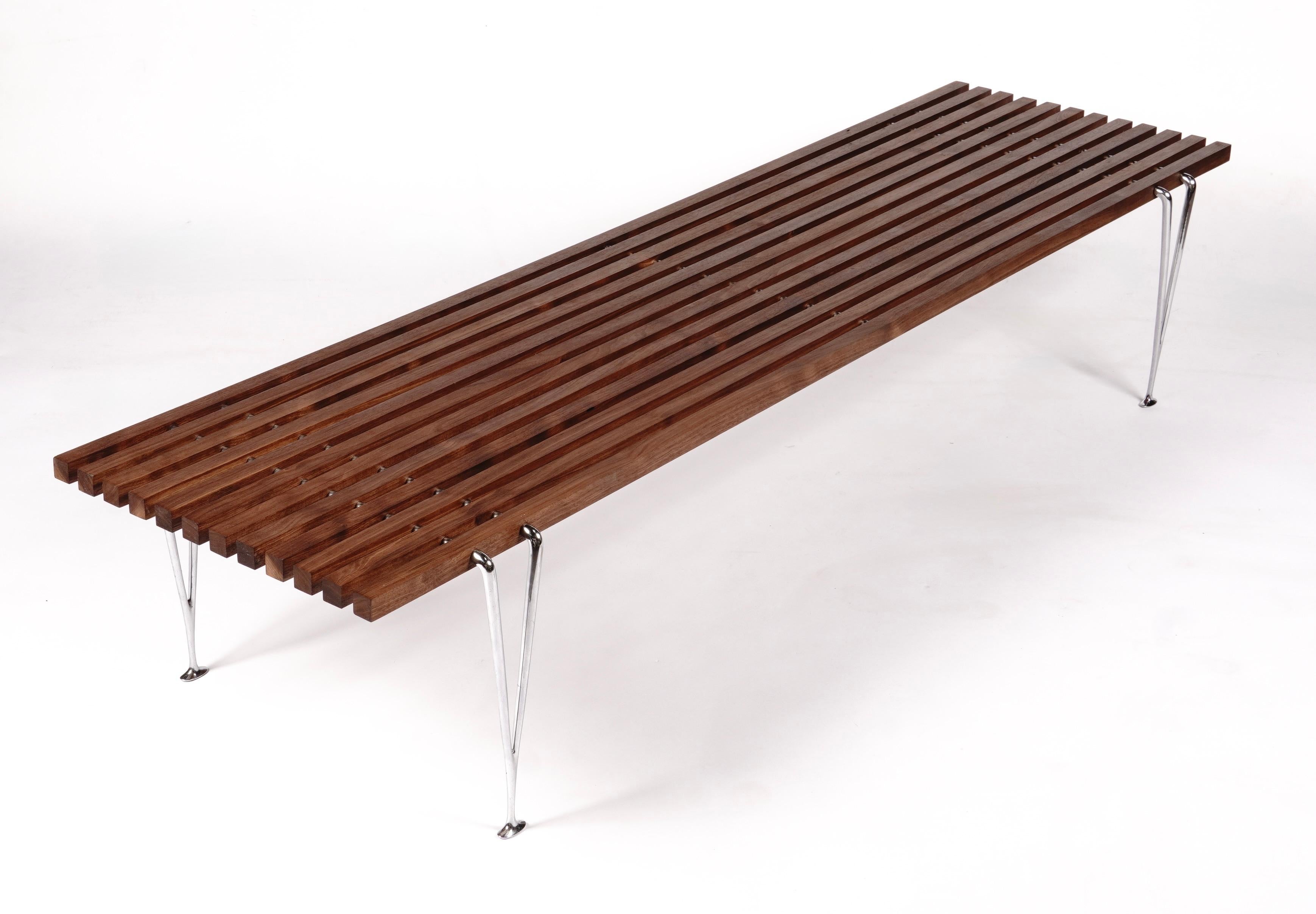 Mid-Century Modern 1960s American Desiger Hugh Acton Slat Coffee Table / Bench in Walnut / Chrome For Sale
