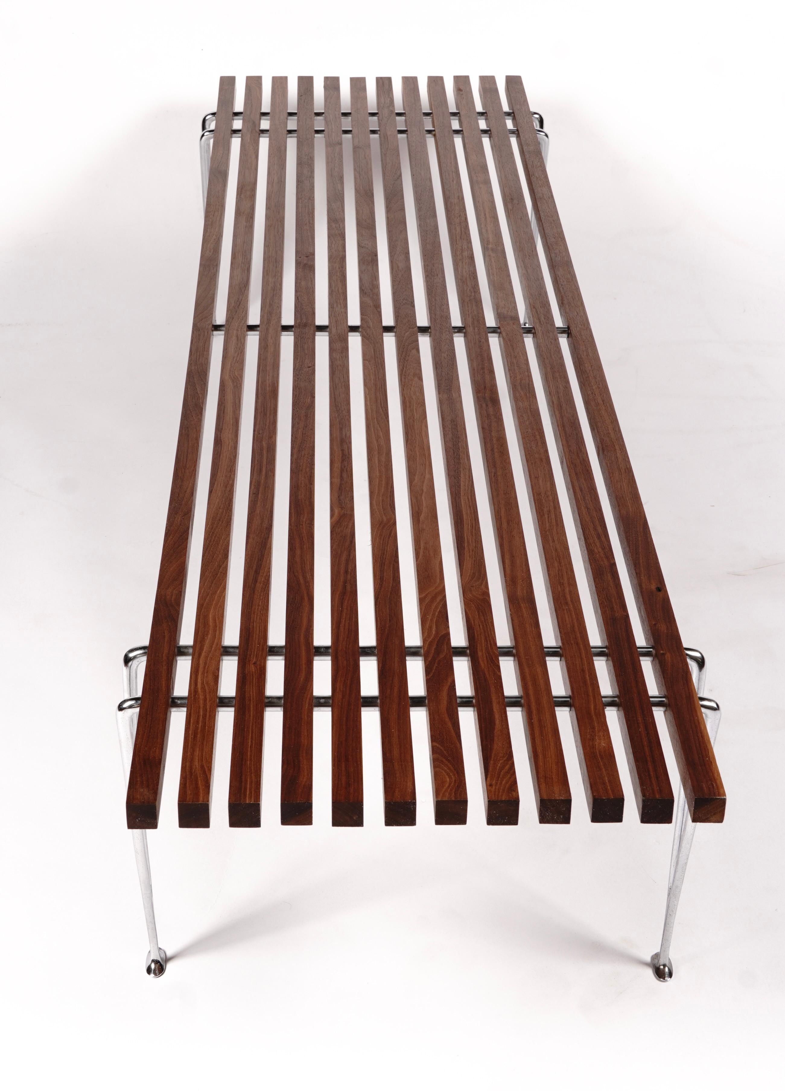 Hand-Crafted 1960s American Desiger Hugh Acton Slat Coffee Table / Bench in Walnut / Chrome For Sale