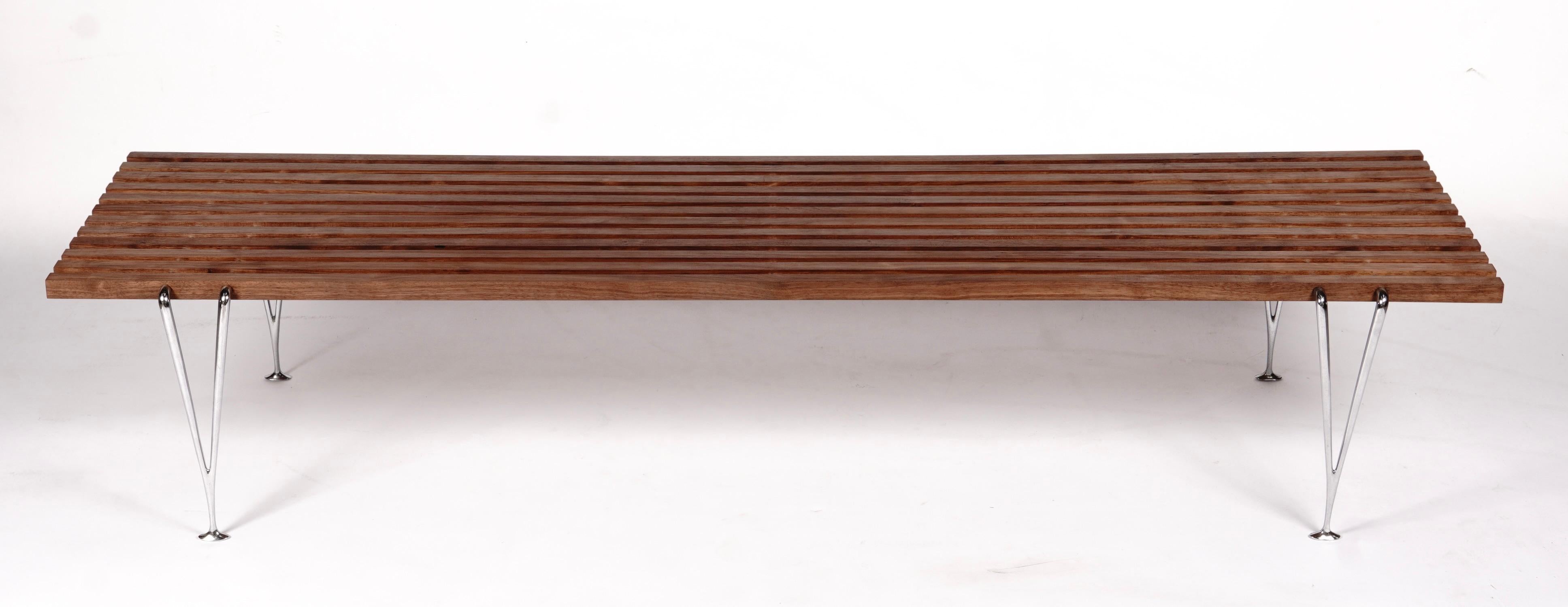1960s American Desiger Hugh Acton Slat Coffee Table / Bench in Walnut / Chrome In Good Condition For Sale In Oakland, CA