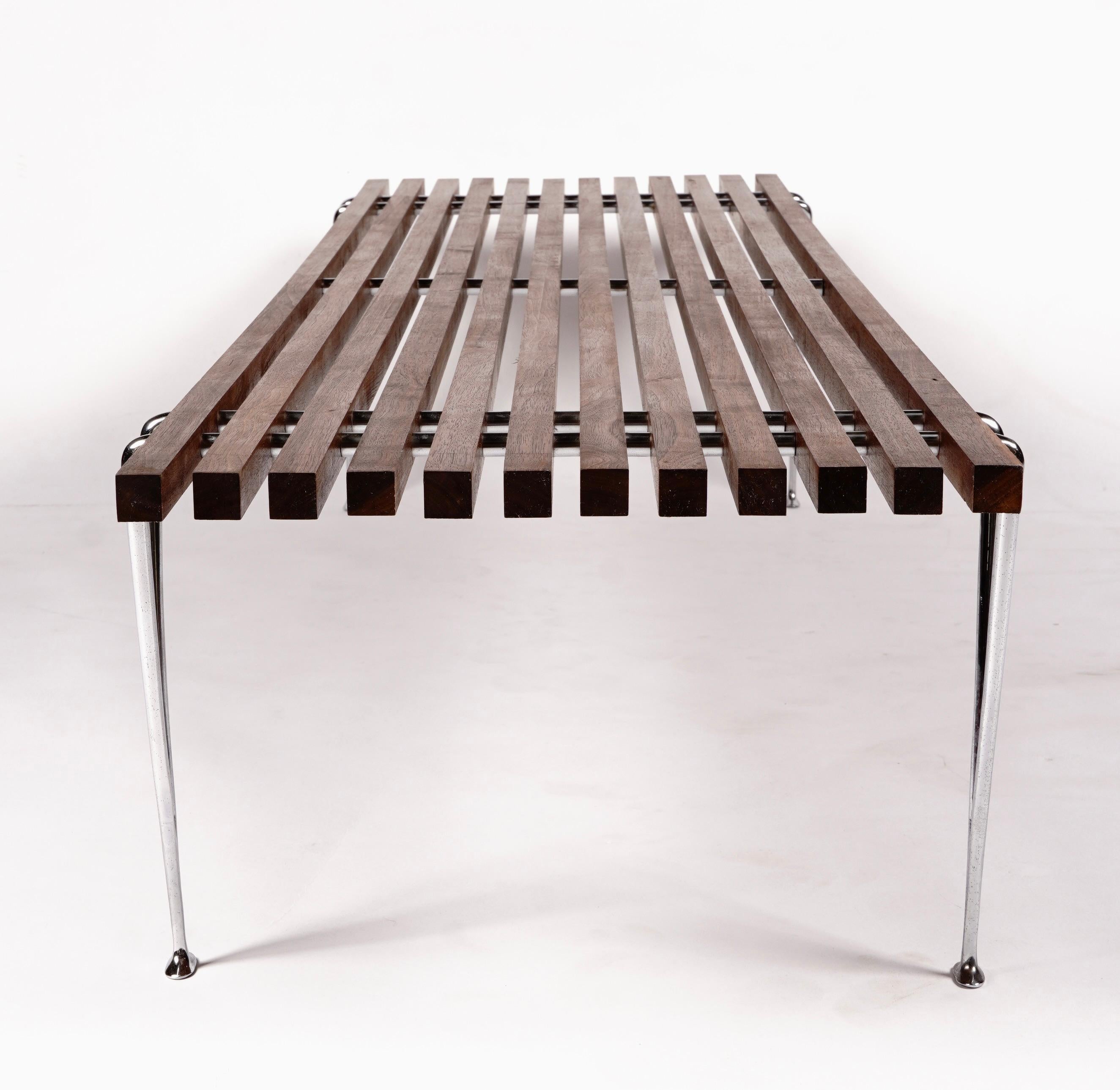 1960s American Desiger Hugh Acton Slat Coffee Table / Bench in Walnut / Chrome For Sale 1