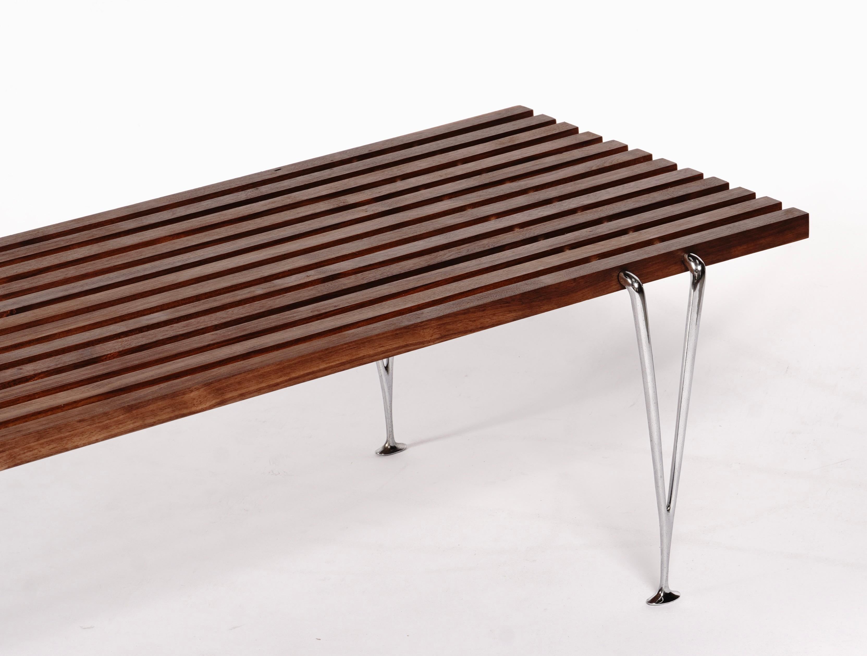 1960s American Desiger Hugh Acton Slat Coffee Table / Bench in Walnut / Chrome For Sale 2