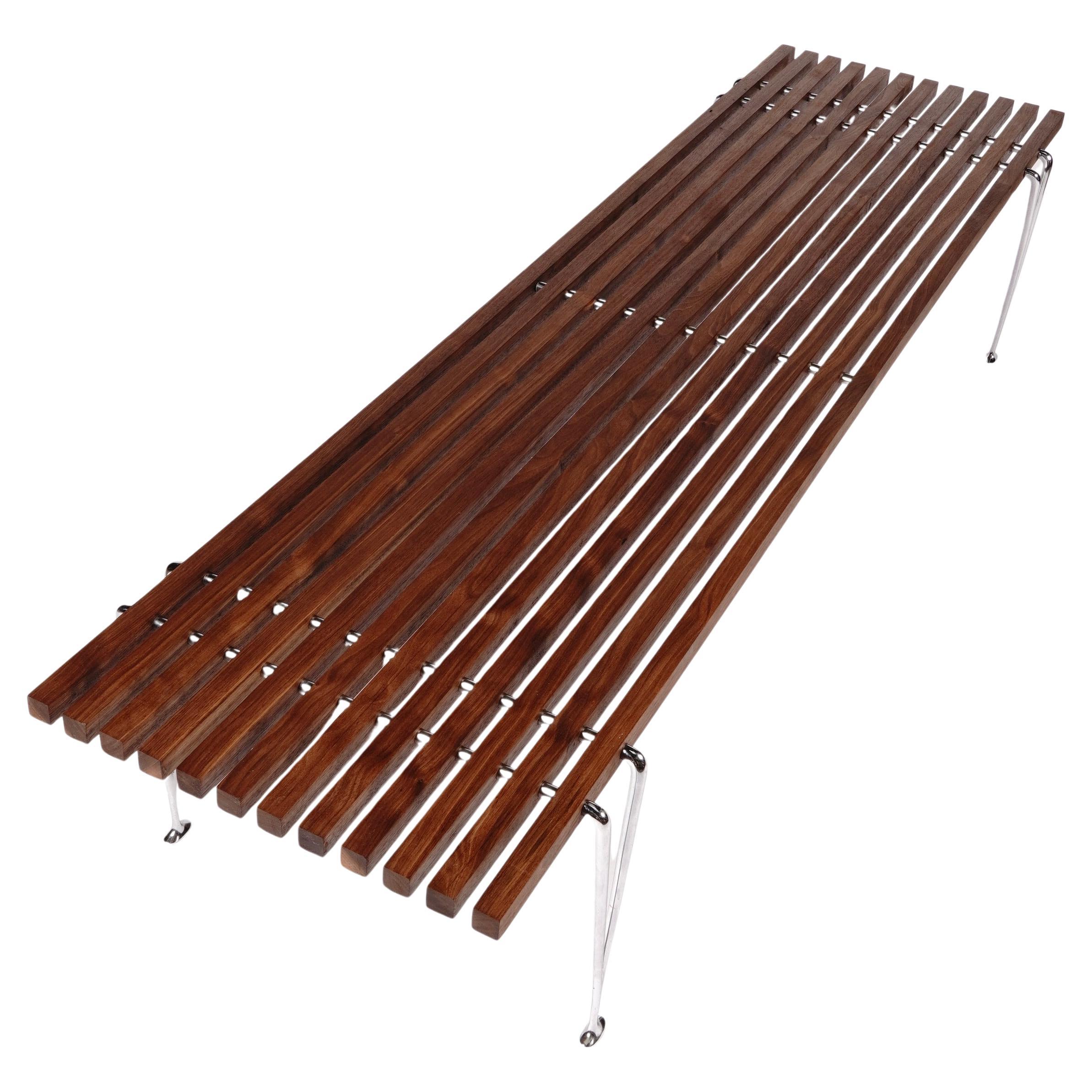 1960s American Desiger Hugh Acton Slat Coffee Table / Bench in Walnut / Chrome For Sale