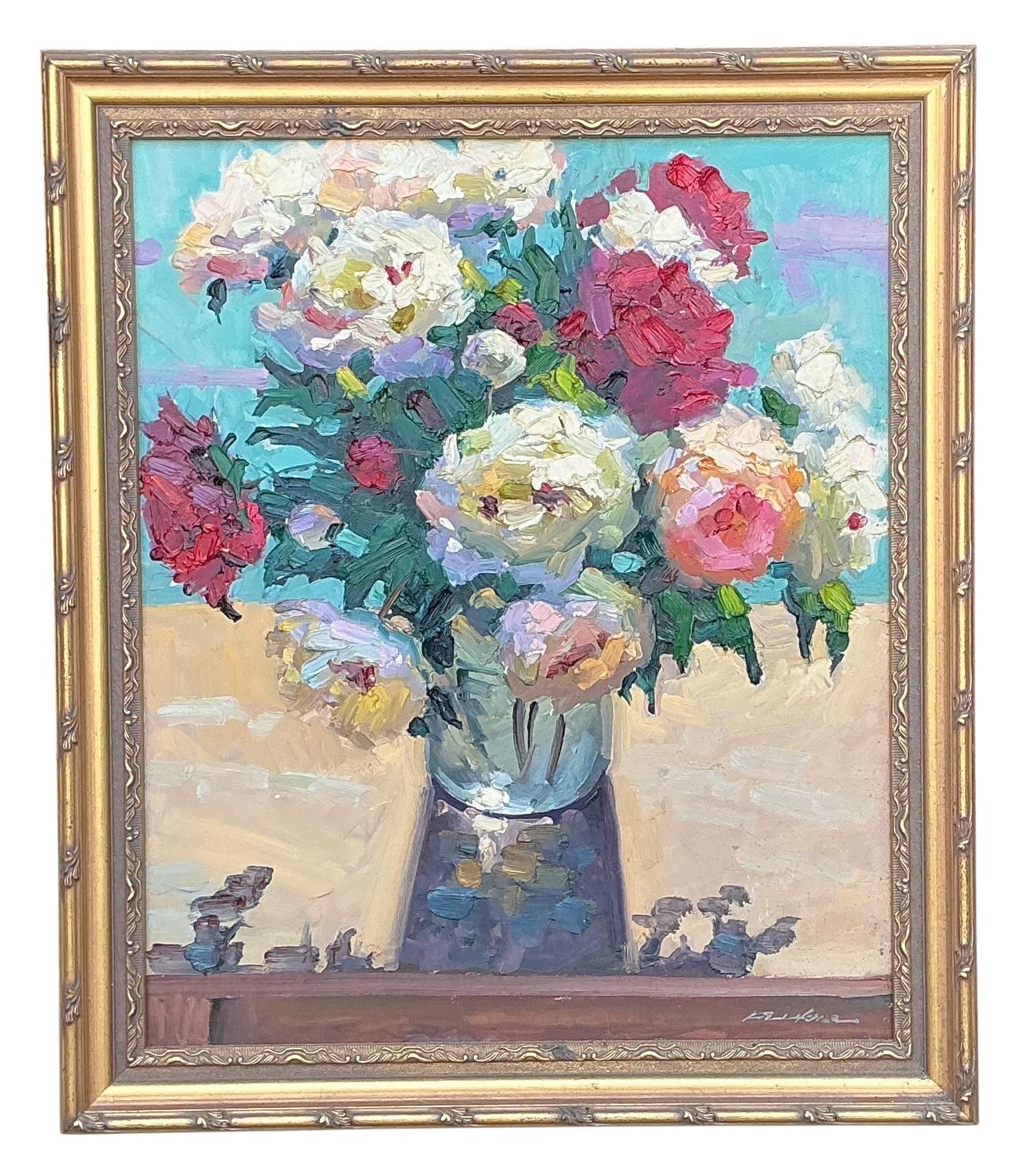 1960er American Gerahmt & Signiert Floral Öl auf Leinwand - Stillleben Rosen im Angebot 4