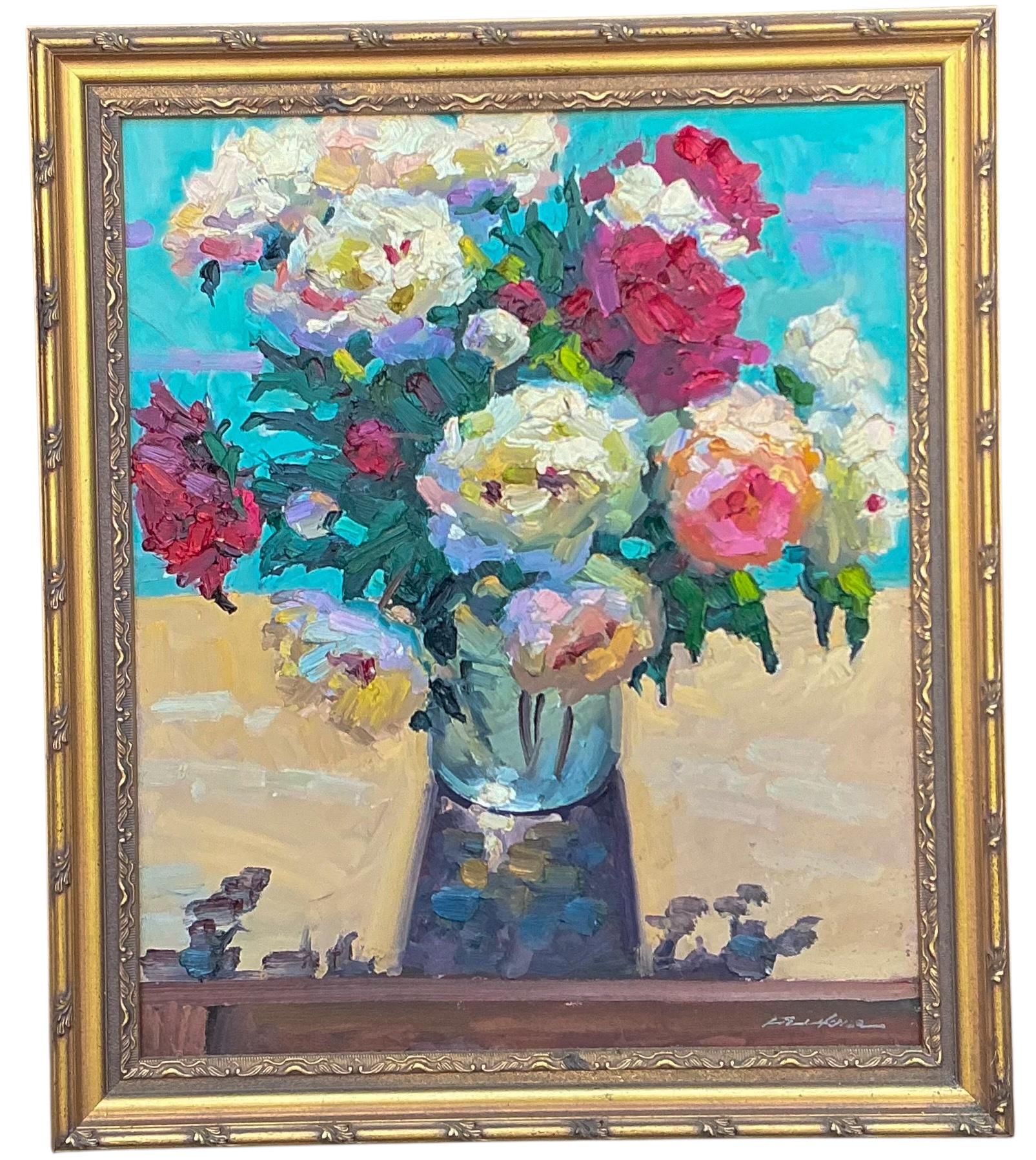 Dies ist ein gerahmtes Öl auf Leinwand dargestellt ein Stillleben von Rosen in einer Vase. Es wurde von Richard Fillhouer, einem amerikanischen Künstler, fertiggestellt. Es befindet sich in einem Rahmen aus vergoldetem Holz. Es ist in sehr gutem