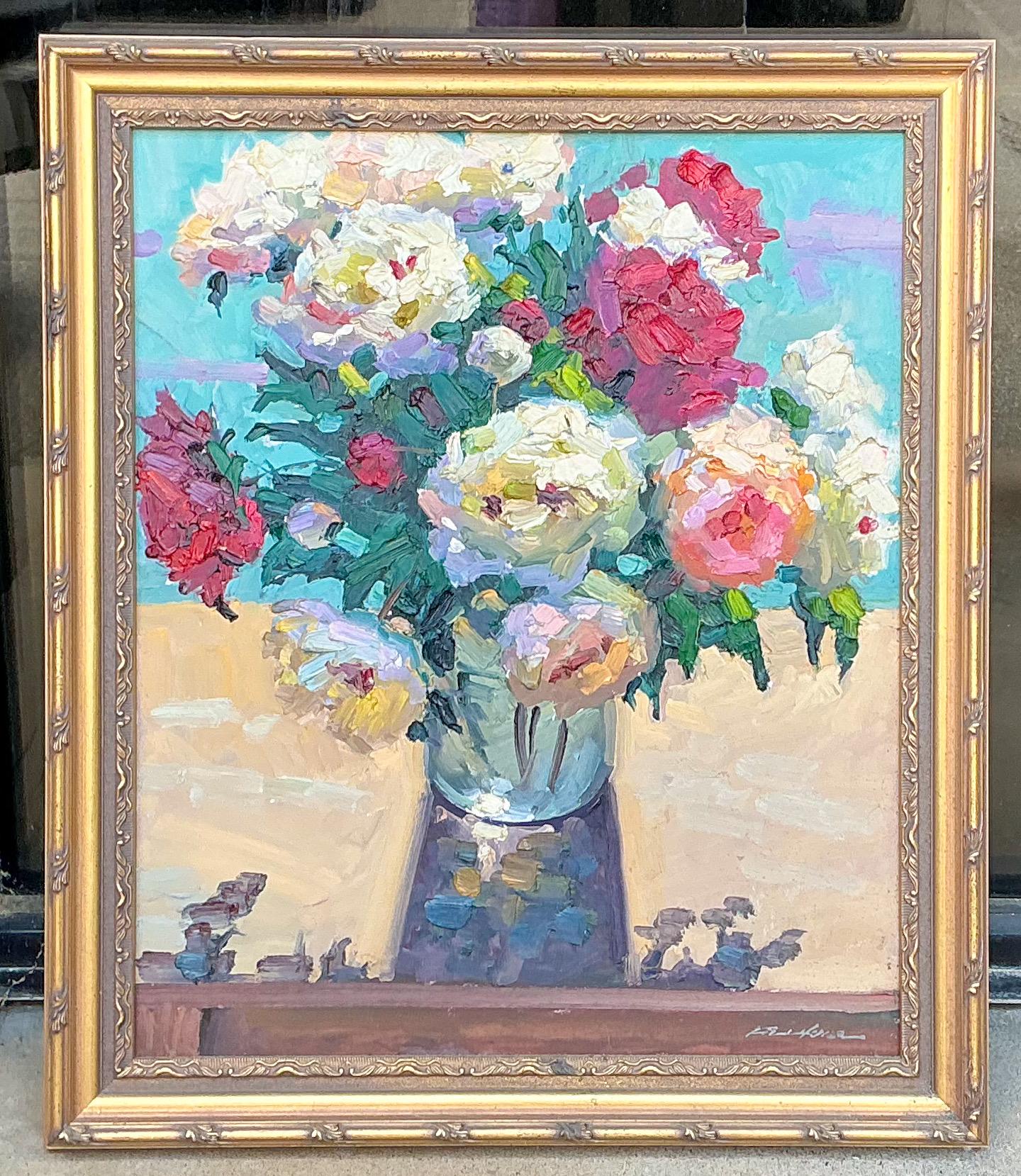 1960er American Gerahmt & Signiert Floral Öl auf Leinwand - Stillleben Rosen (amerikanisch) im Angebot