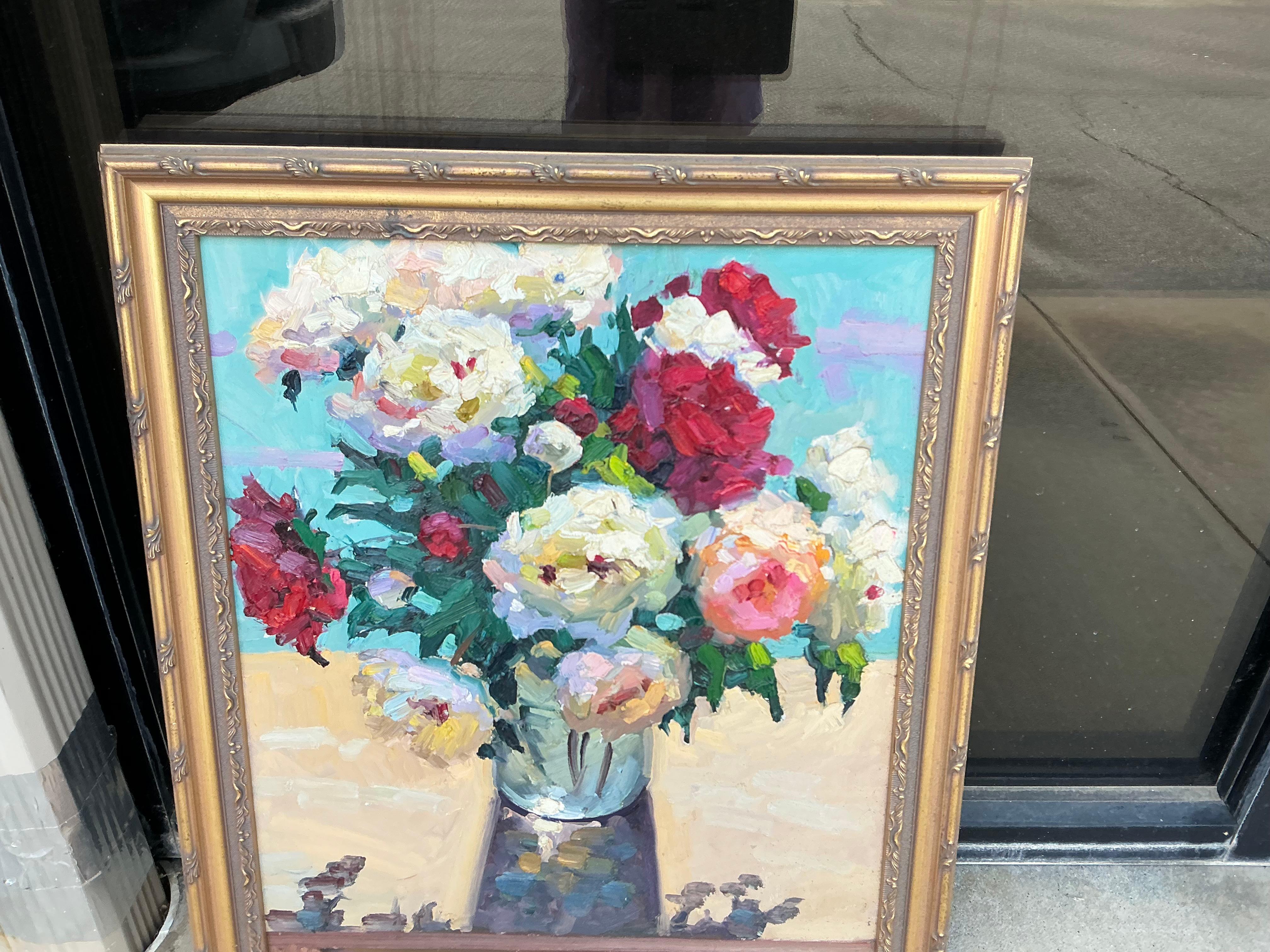 1960er American Gerahmt & Signiert Floral Öl auf Leinwand - Stillleben Rosen im Angebot 1