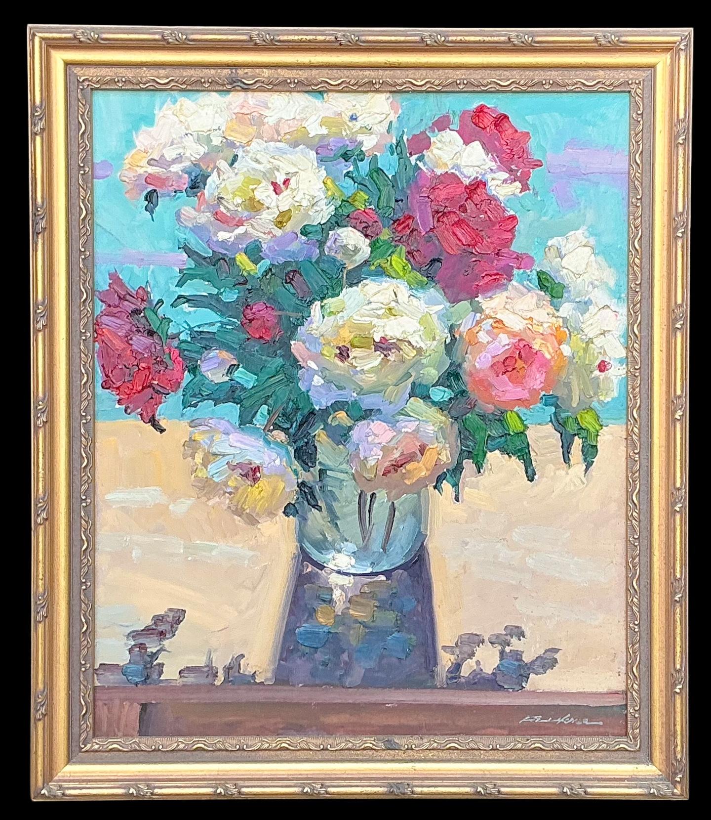 1960er American Gerahmt & Signiert Floral Öl auf Leinwand - Stillleben Rosen im Angebot 2