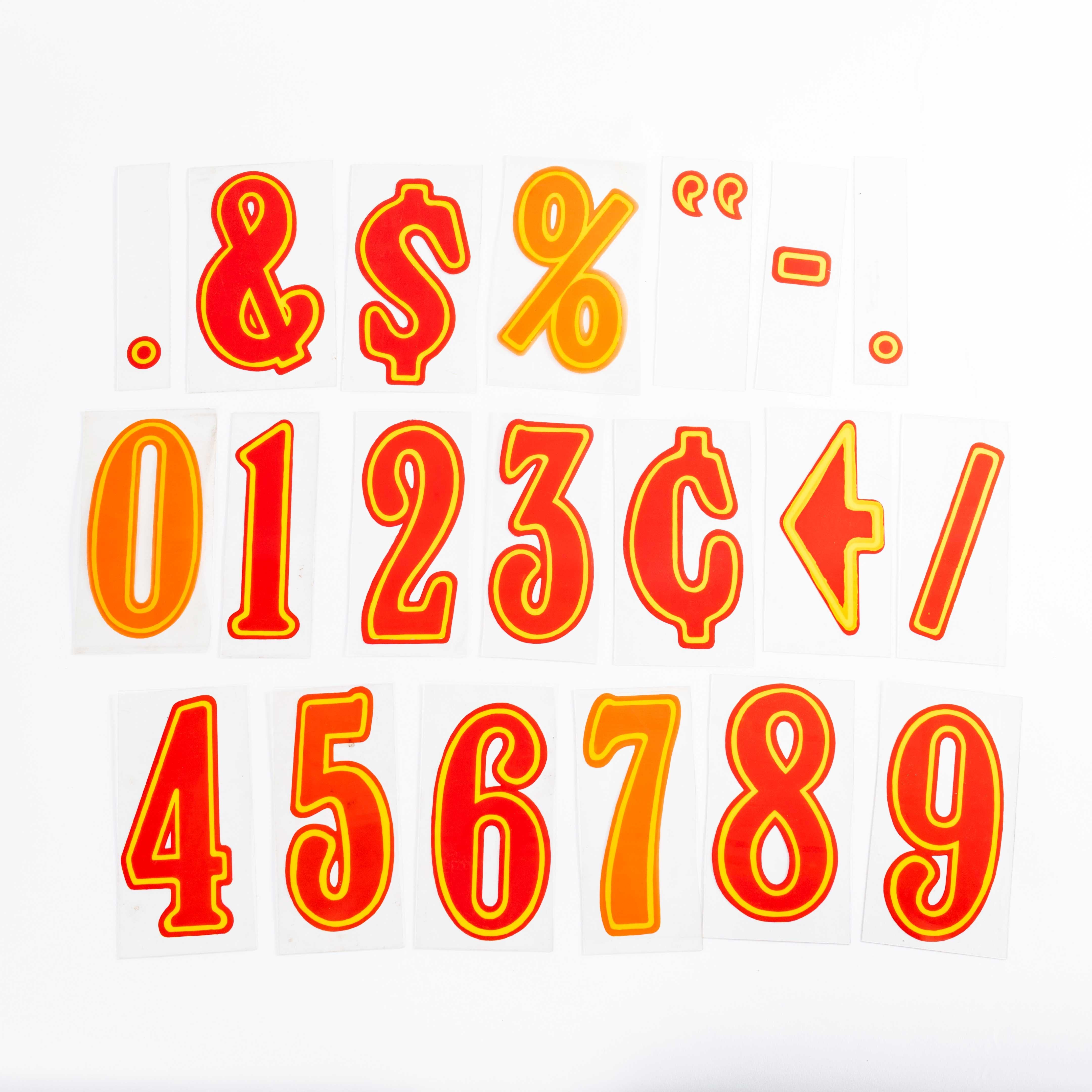 Numeri delle stazioni di servizio americane degli anni '60 - Set 1-9 più caratteri speciali. Classici numeri di stazione di servizio americani in plastica flessibile con incisione. Questi numeri venivano utilizzati per visualizzare i prezzi sulle