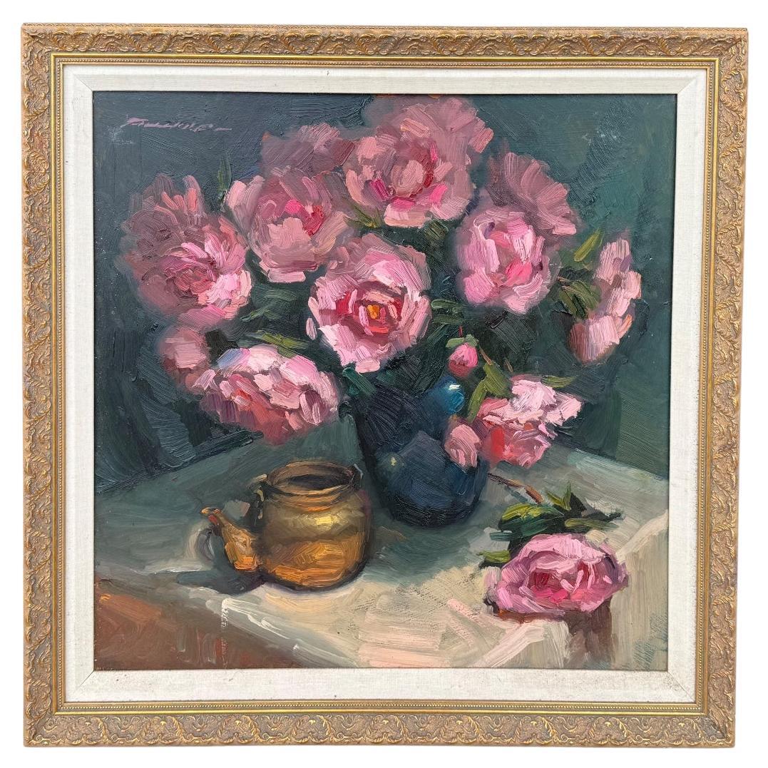 1960er American Giltwood Gerahmt 
Signiert Floral Oil On Board - Still Life Roses