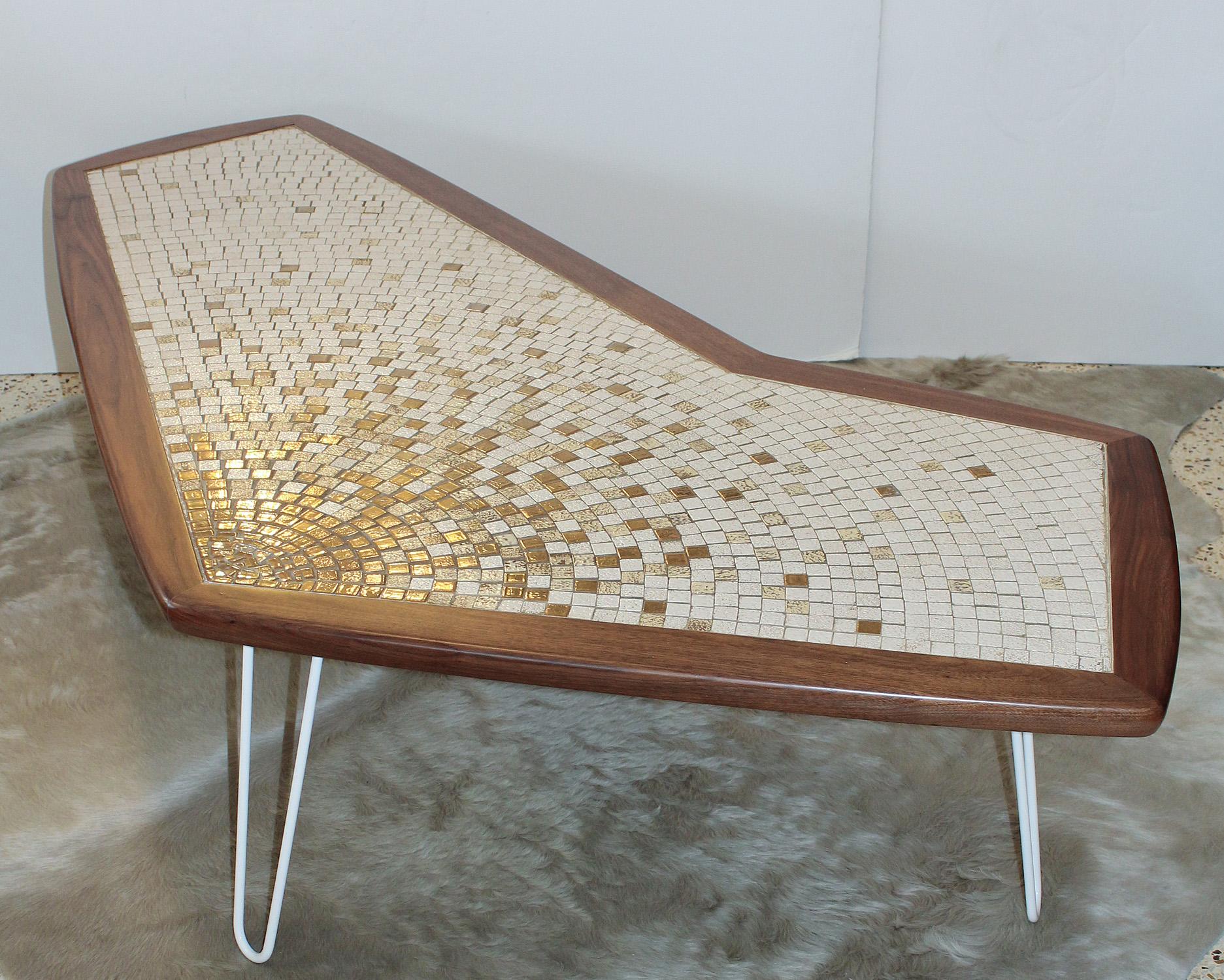 Restored Classic 1960s American modernist boomerang coffee table with walnut frame, white enameled hairpin legs, and top in white and metallic gold glazed tiles.