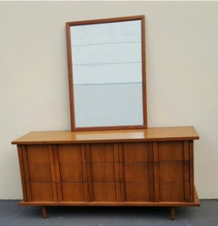 1960s American of Martinsville 9 Drawer Walnut Dresser with Matching Mirror