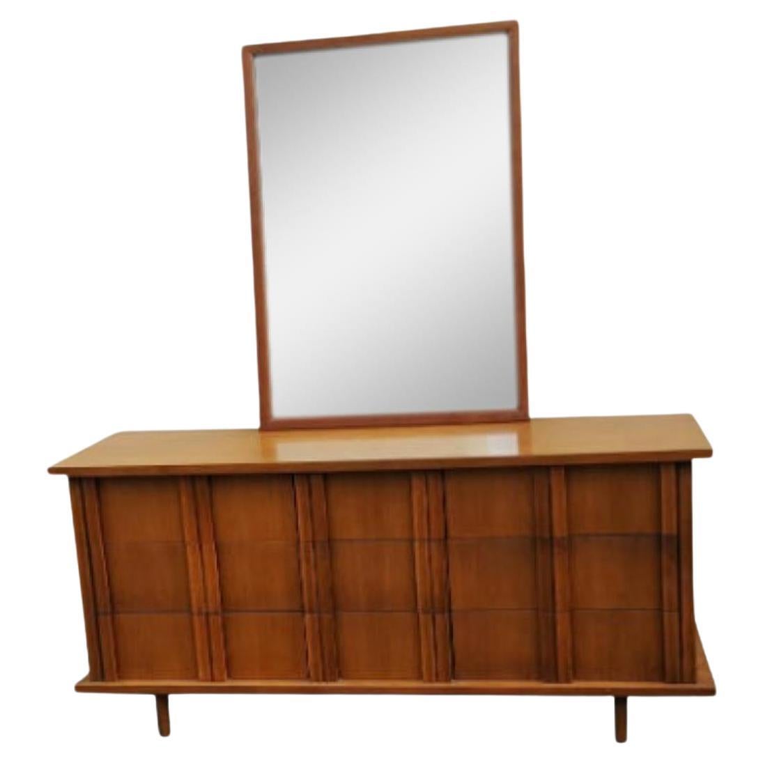 1960s American of Martinsville 9 Drawer Walnut Dresser with Matching Mirror For Sale