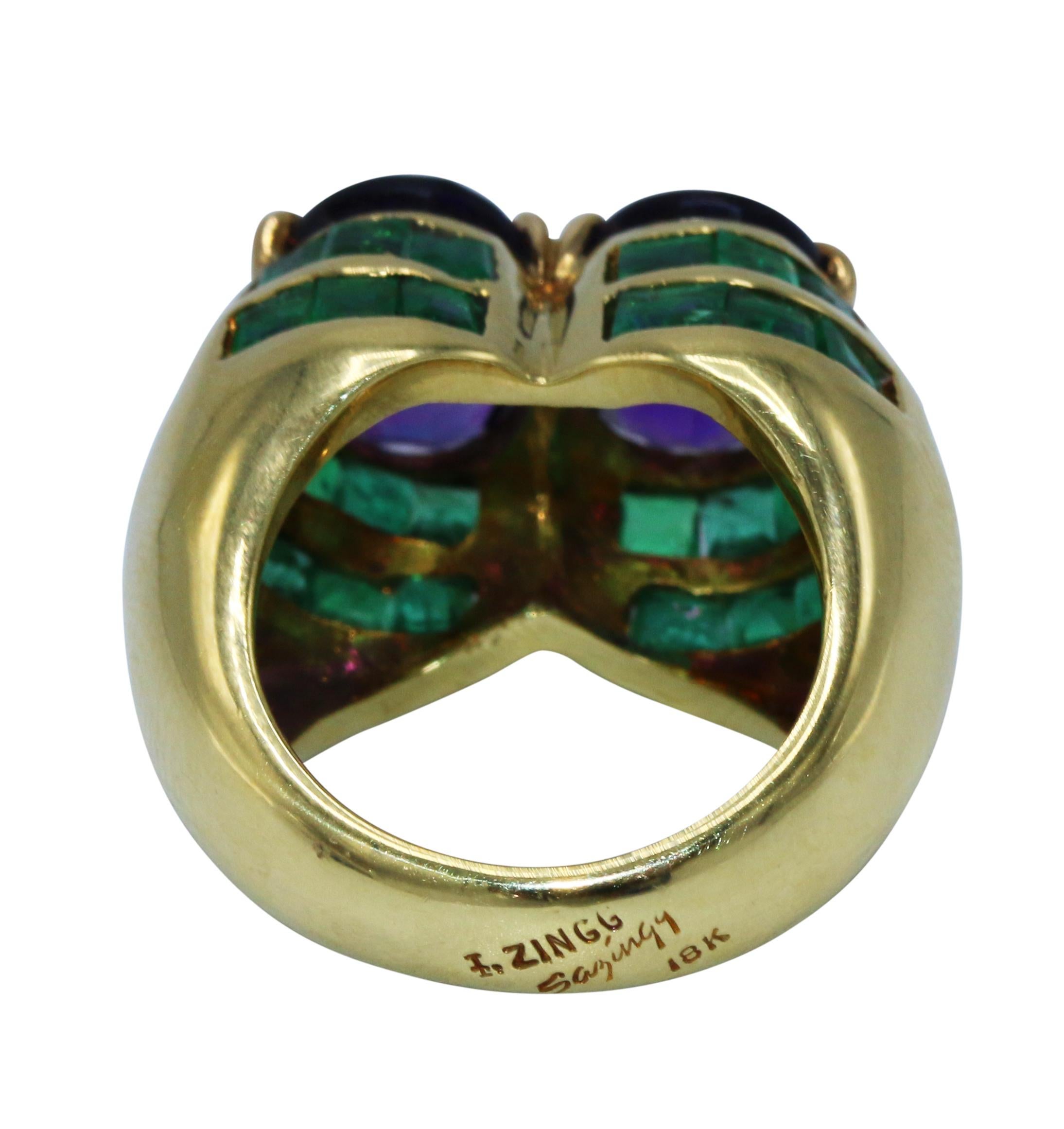 Women's or Men's 1960s Amethyst and Emerald Cocktail Ring