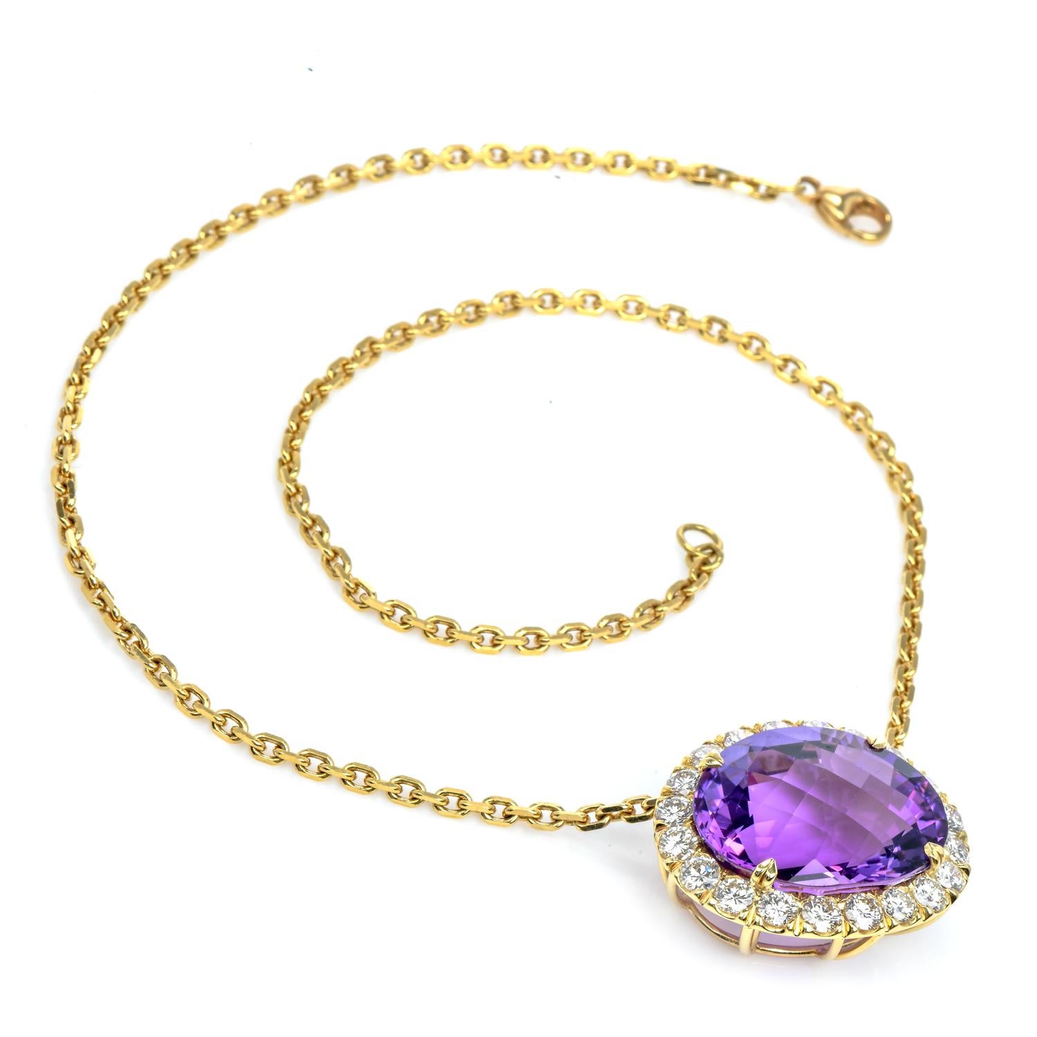 Retro 1960s Amethyst Diamond 18k Yellow Gold Halo Dangle Drop Pendant Chain Necklace For Sale