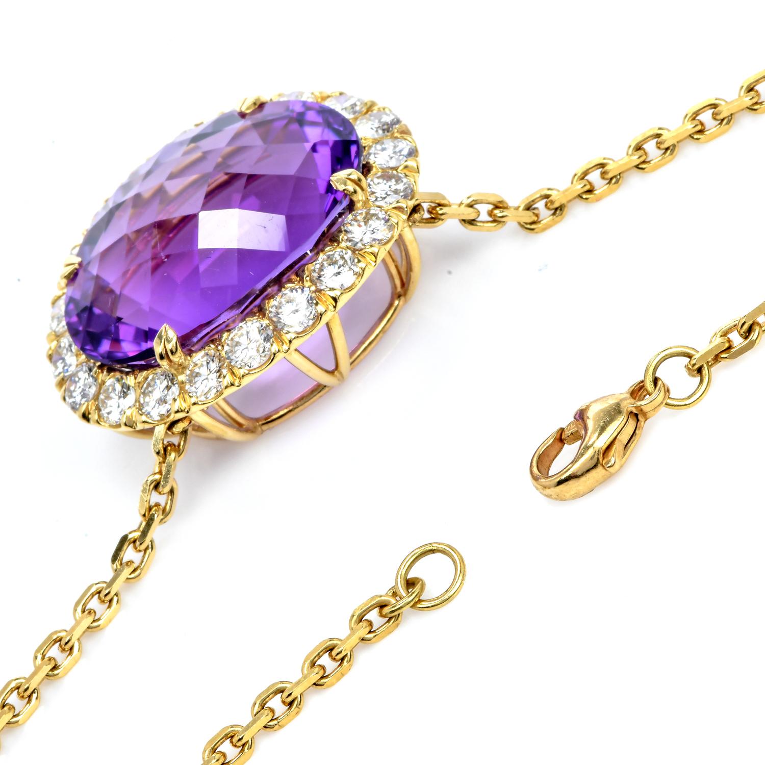 Oval Cut 1960s Amethyst Diamond 18k Yellow Gold Halo Dangle Drop Pendant Chain Necklace For Sale