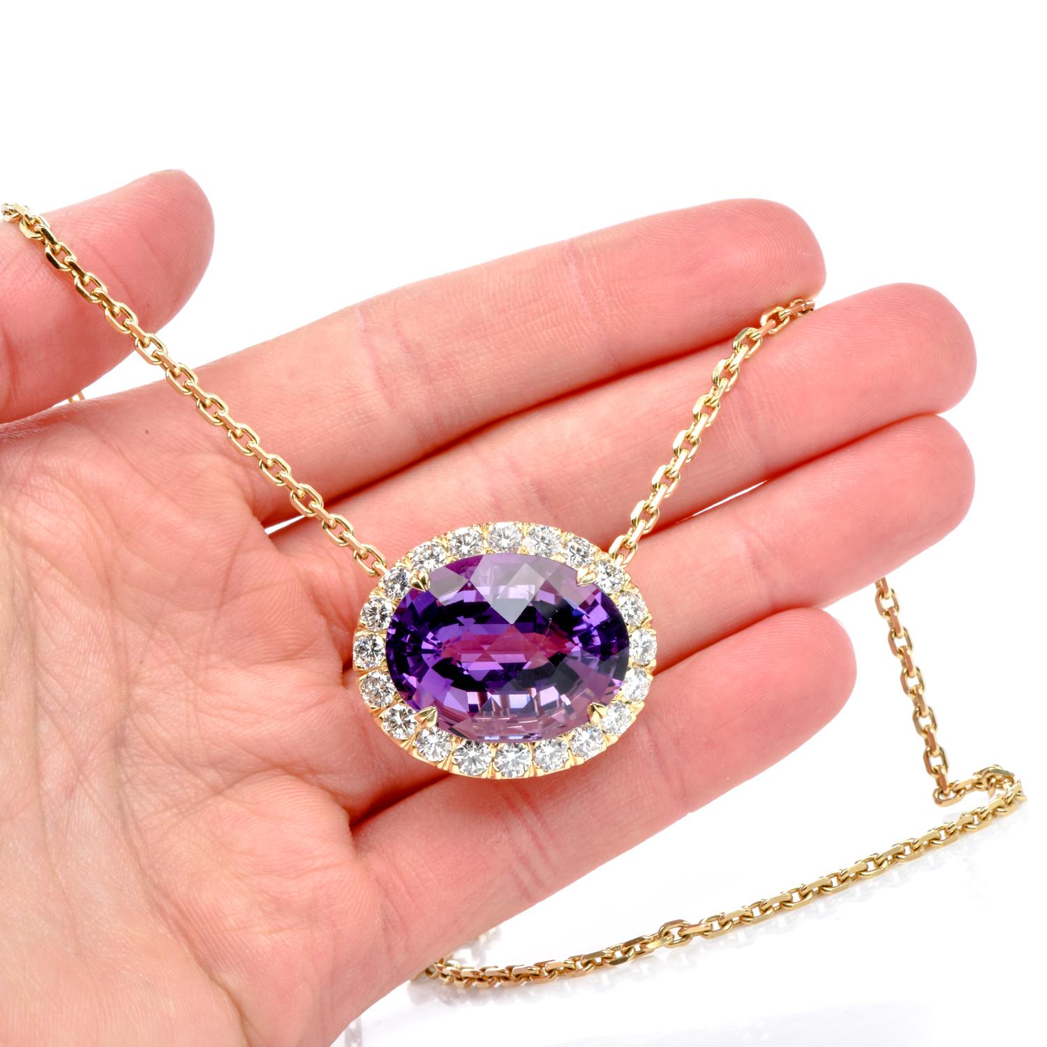 1960s Amethyst Diamond 18k Yellow Gold Halo Dangle Drop Pendant Chain Necklace In Excellent Condition For Sale In Miami, FL