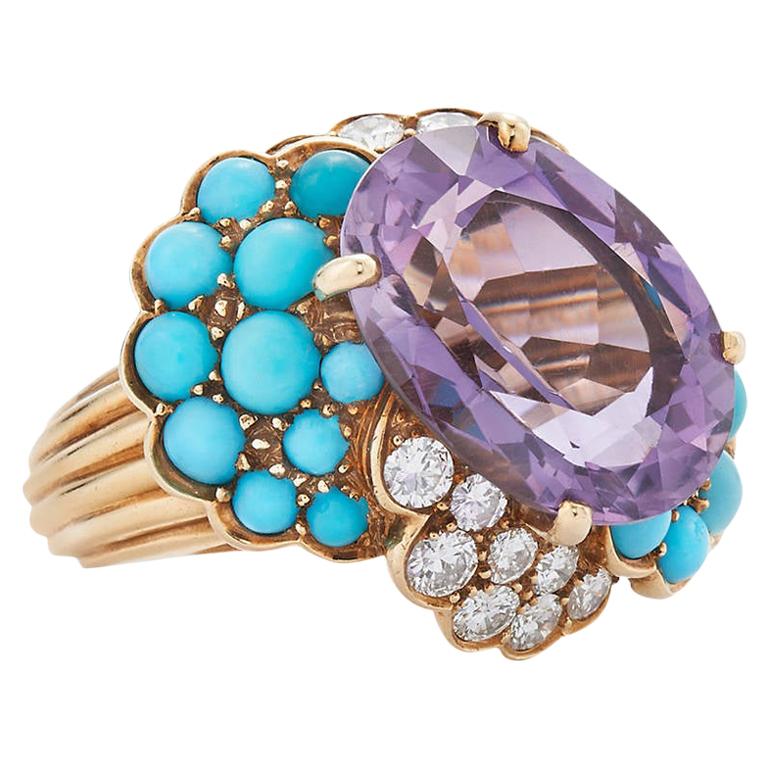 1960s Amethyst Turquoise Diamond Yellow Gold Cocktail Ring