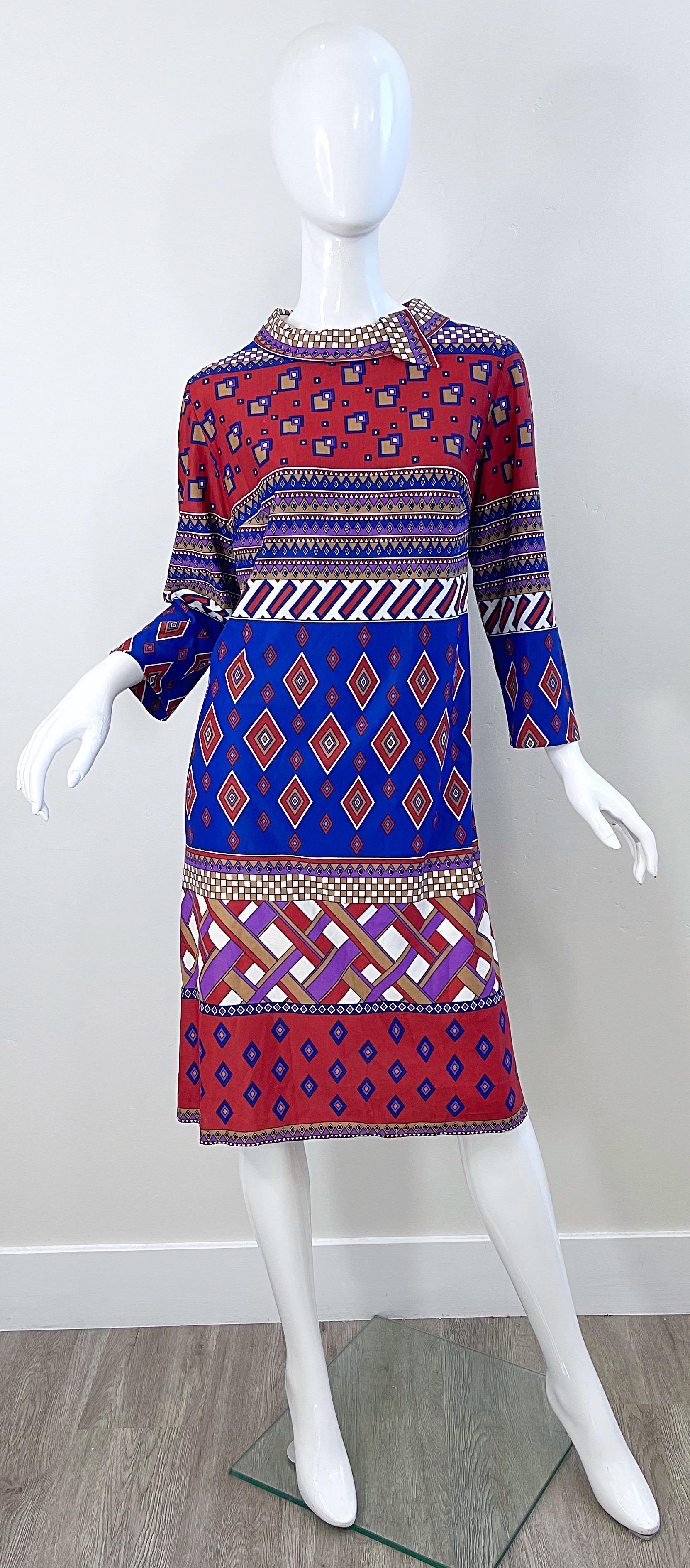 1960s Amy Adams for B. Altman Abstract Print 3/4 Sleeves Vintage 60s Knit Dress For Sale 6