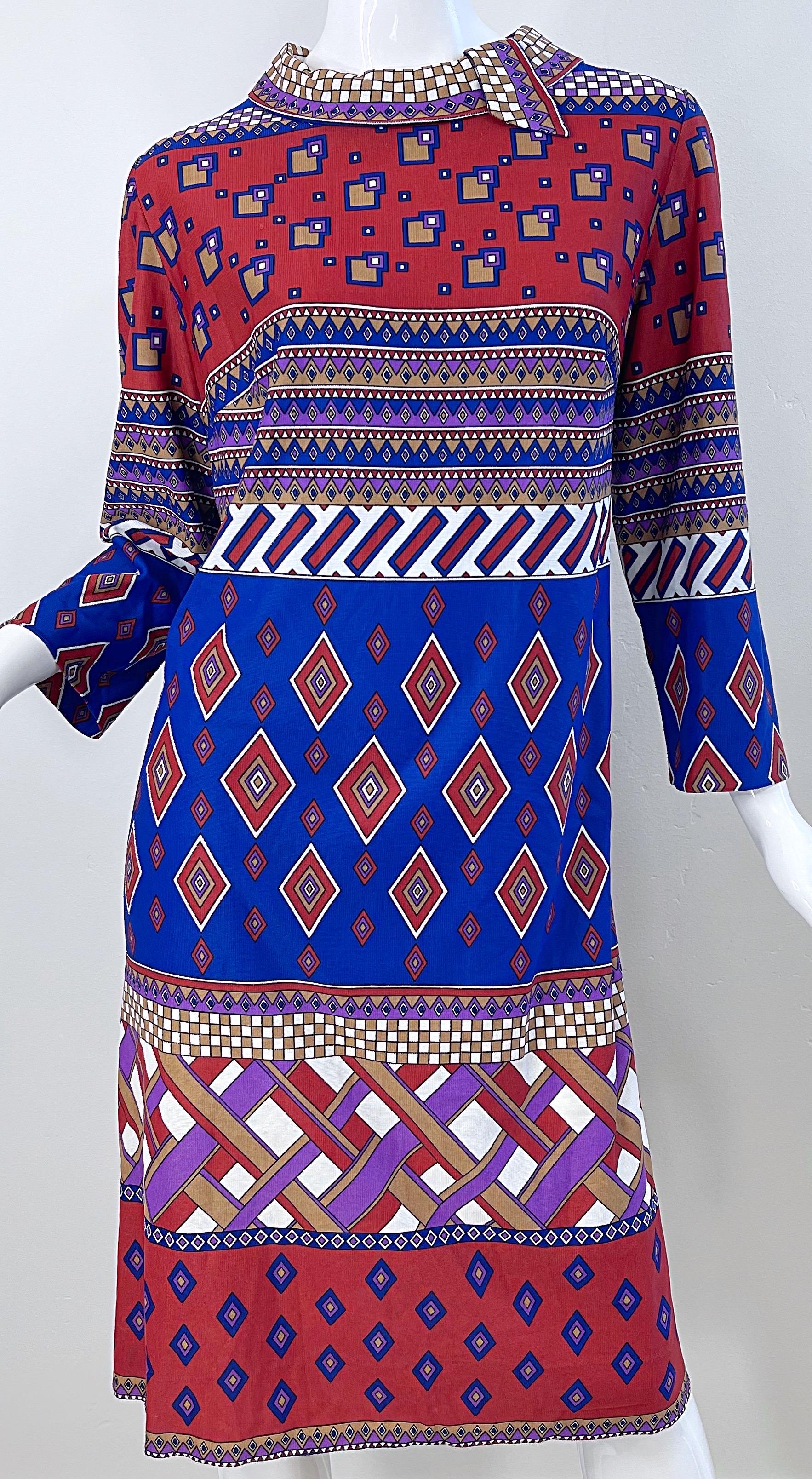1960s Amy Adams for B. Altman Abstract Print 3/4 Sleeves Vintage 60s Knit Dress In Excellent Condition For Sale In San Diego, CA