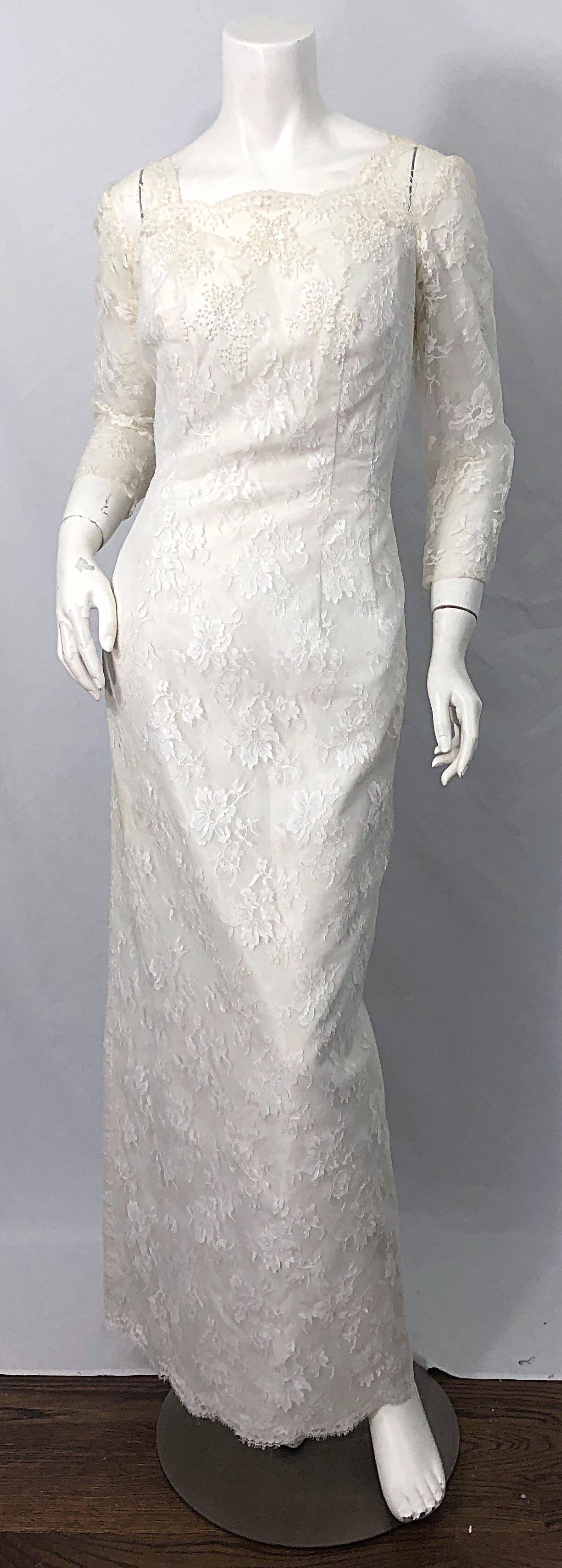 1960s An Original By Constantino White Beaded Couture Vintage Wedding Dress Gown For Sale 5