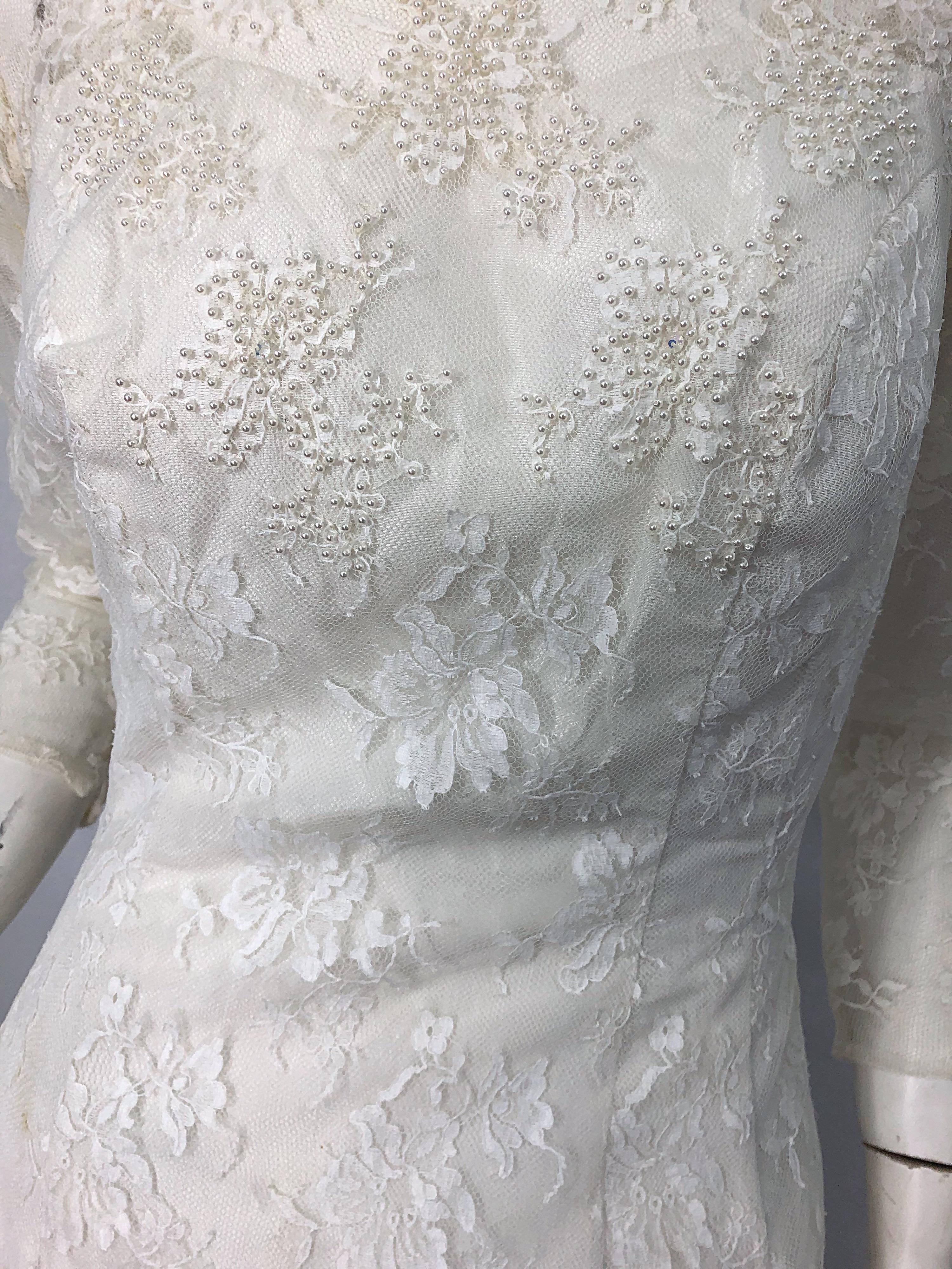 1960s An Original By Constantino White Beaded Couture Vintage Wedding Dress Gown In Excellent Condition For Sale In San Diego, CA