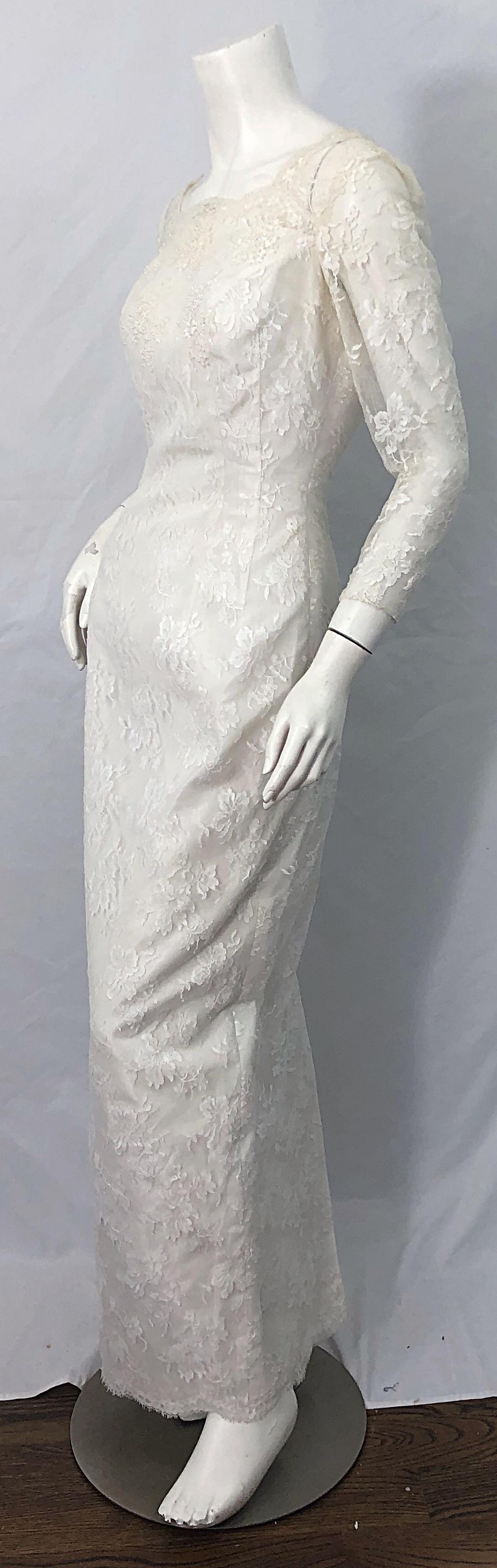 1960s An Original By Constantino White Beaded Couture Vintage Wedding Dress Gown For Sale 1