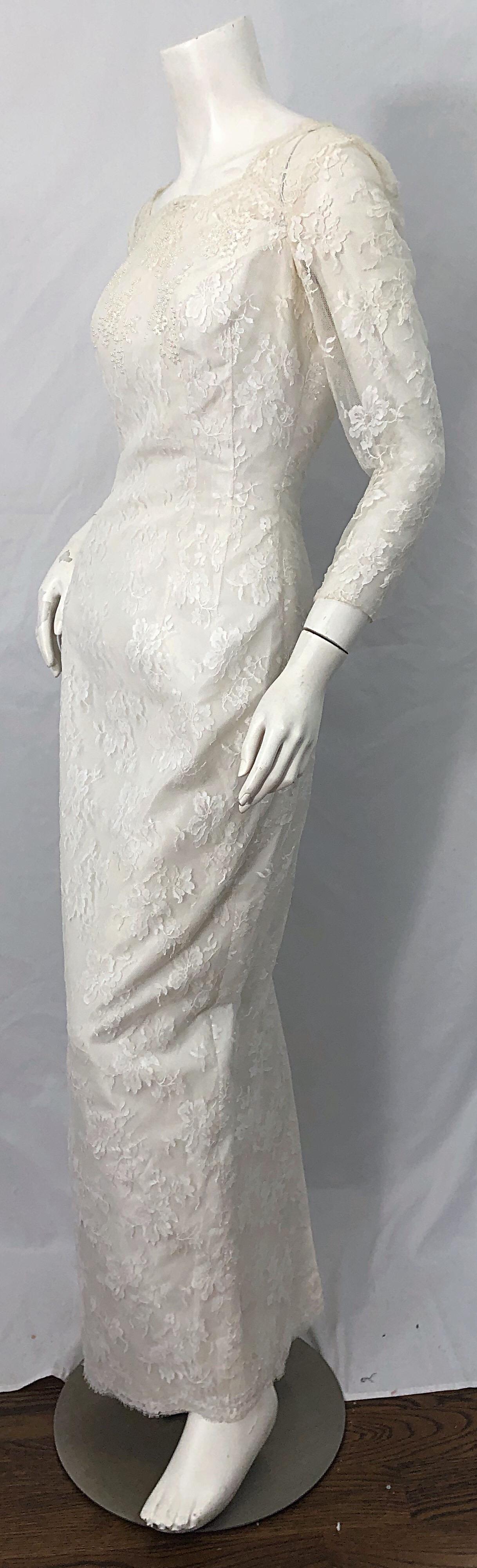 1960s An Original By Constantino White Beaded Couture Vintage Wedding Dress Gown For Sale 3