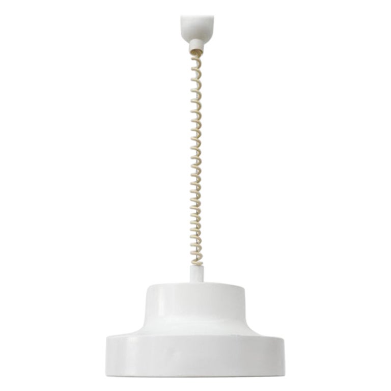 1960's Anders Pehrson Inspired Height Adjustable Mod White Enameled Pendant Lamp