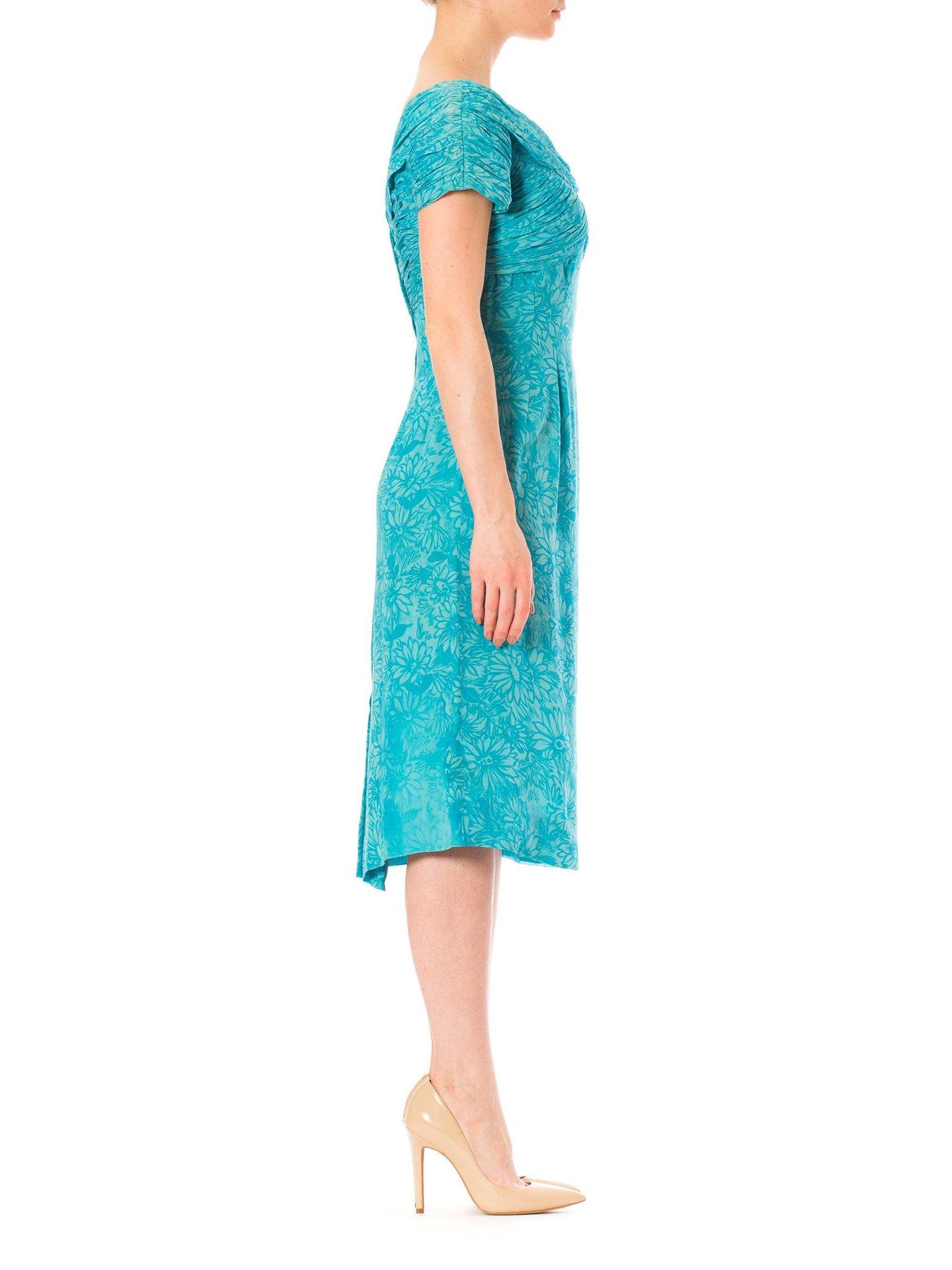 Blue 1960S ROBERT MORTON Turquoise Floral Silk Chiffon Draped Boat Neck Dress With S For Sale