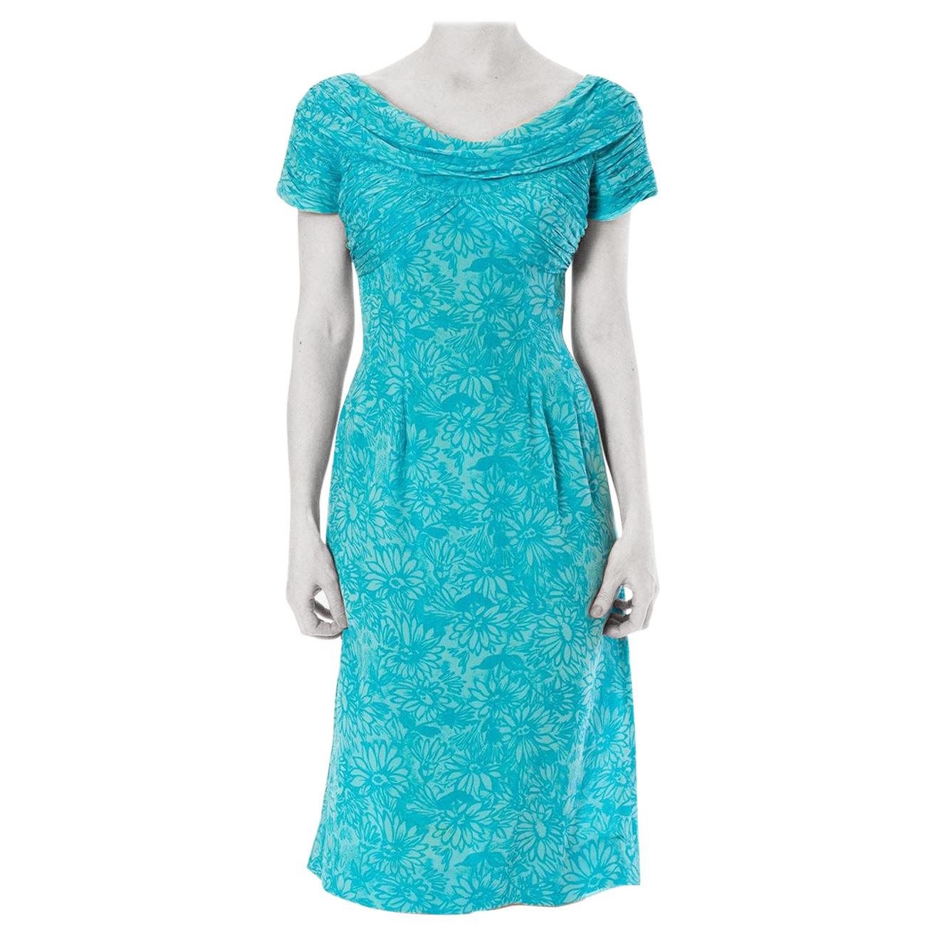 1960S ROBERT MORTON Turquoise Floral Silk Chiffon Draped Boat Neck Dress With S For Sale