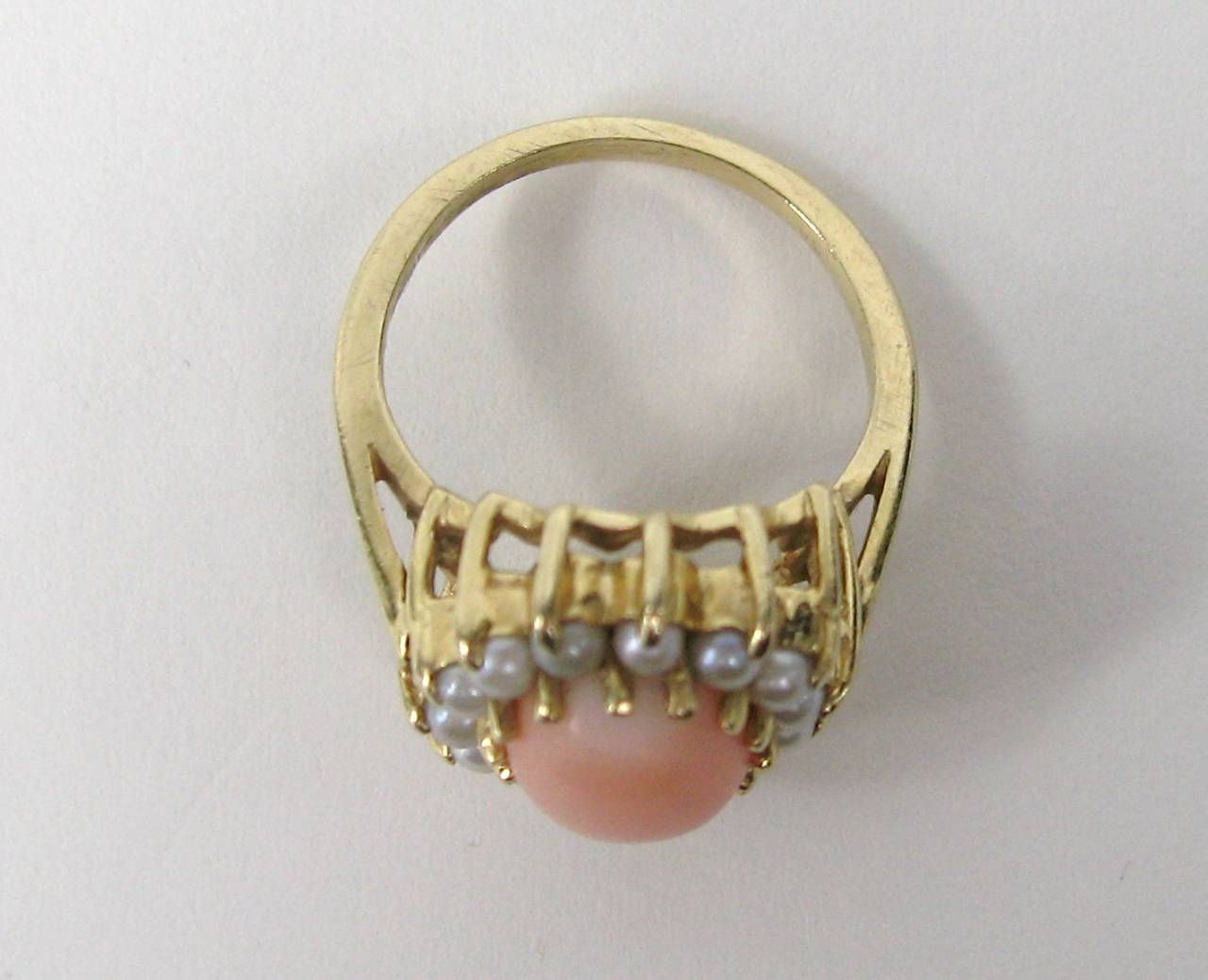 Round Cut 1960s Angel Coral Pearl 14 Karat Gold Cocktail Ring