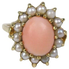 1960s Angel Coral Pearl 14 Karat Gold Cocktail Ring