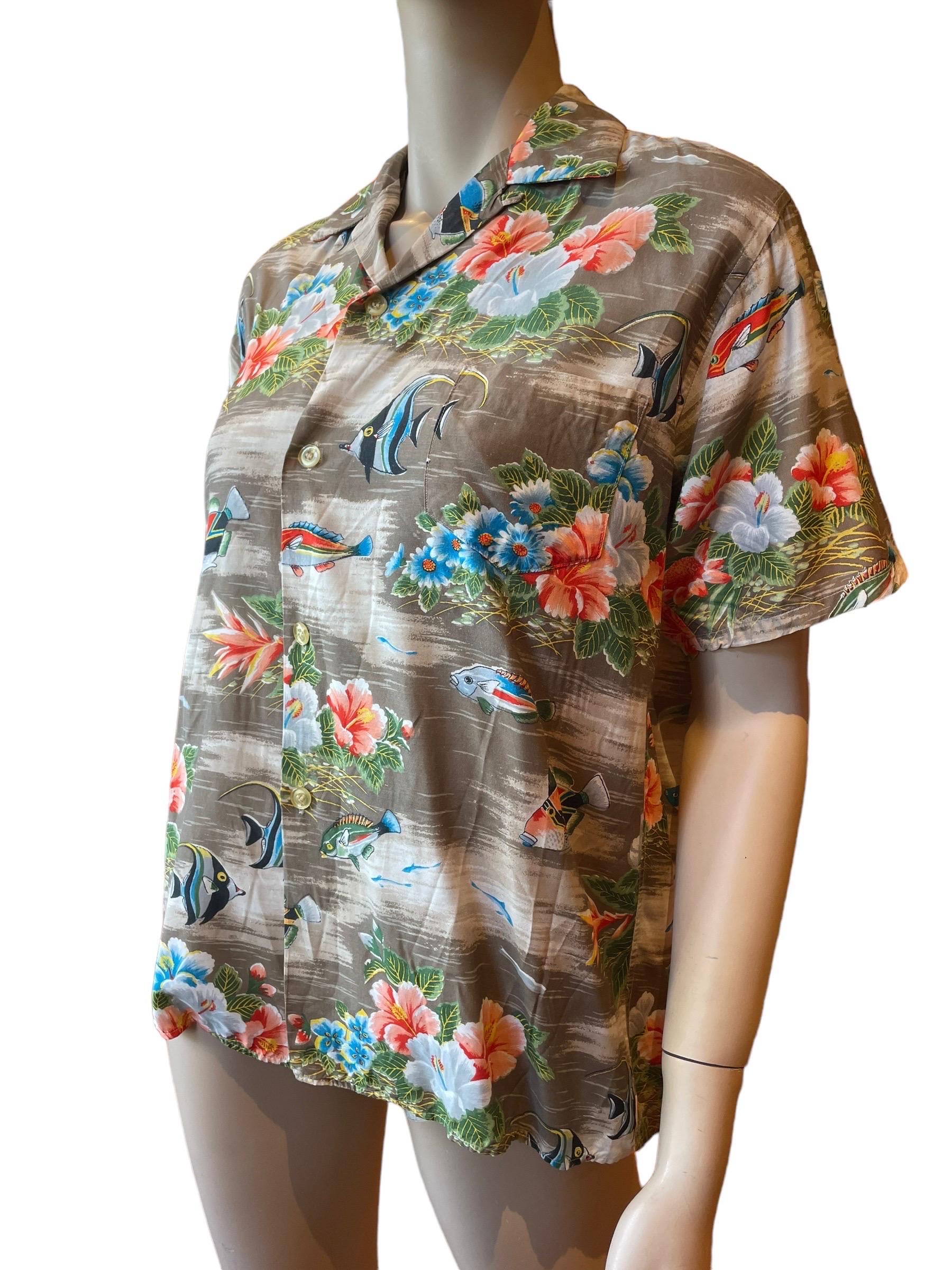Women's or Men's 1960s Angel Fish and Hibiscus Button Up Hawaiian Shirt  For Sale