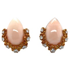 1960
s Angel Skin Coral Diamond 18 Karat Yellow Gold Estate Ear-Clip Earrings