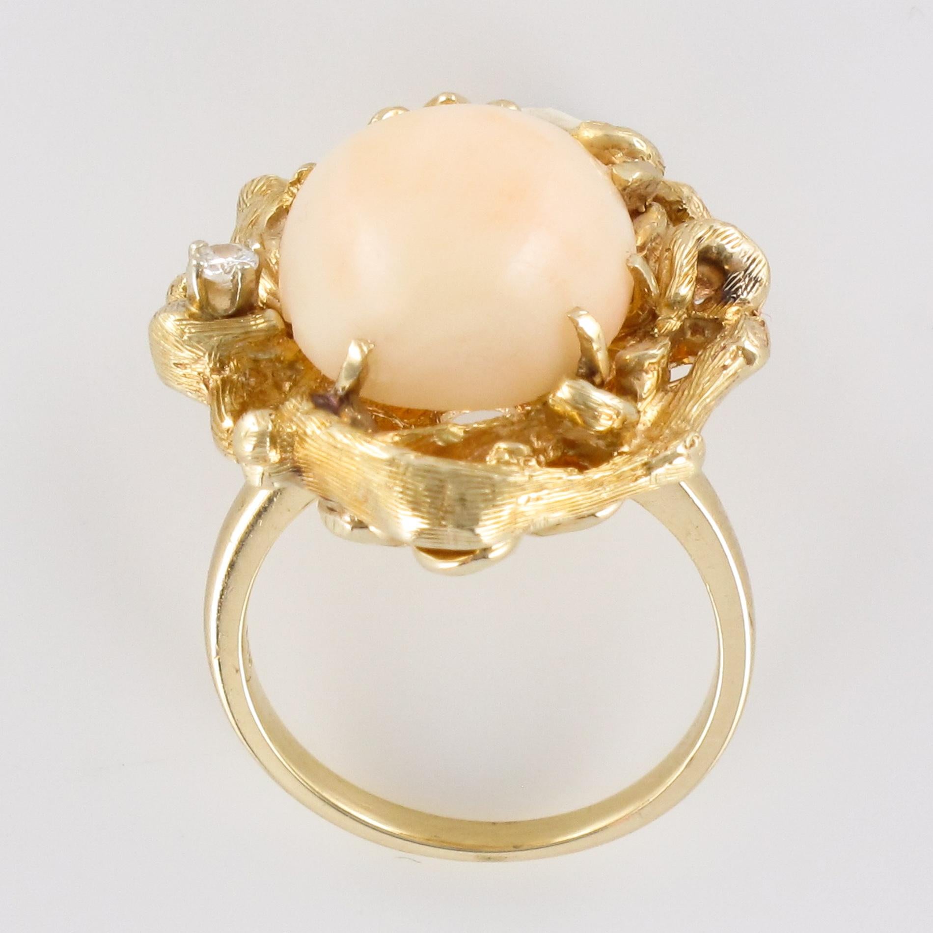 1960s Angel Skin Coral Diamond 14 Karat Yellow Gold Arthur King Spirit Ring For Sale 3