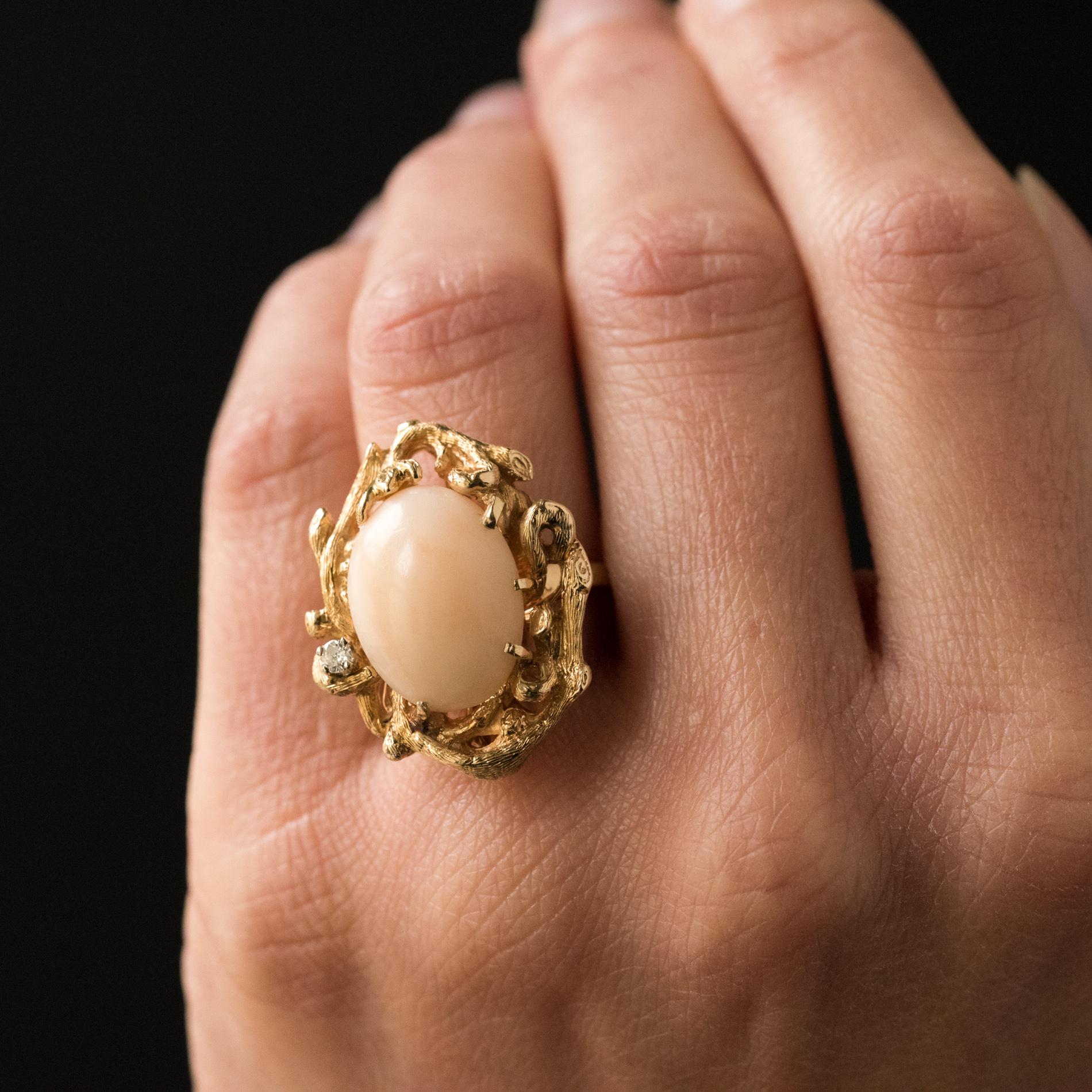 Retro 1960s Angel Skin Coral Diamond 14 Karat Yellow Gold Arthur King Spirit Ring For Sale