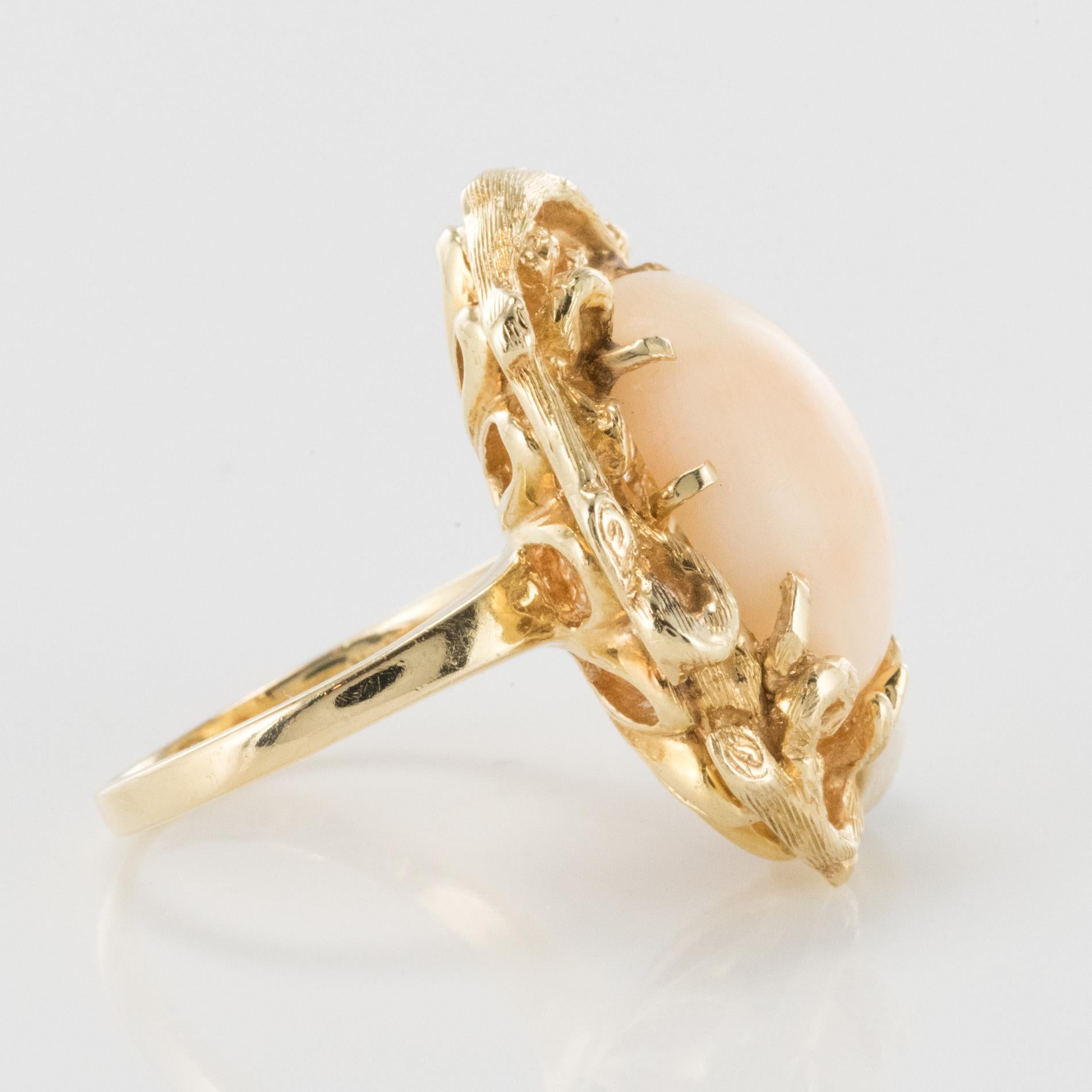 Cabochon 1960s Angel Skin Coral Diamond 14 Karat Yellow Gold Arthur King Spirit Ring For Sale