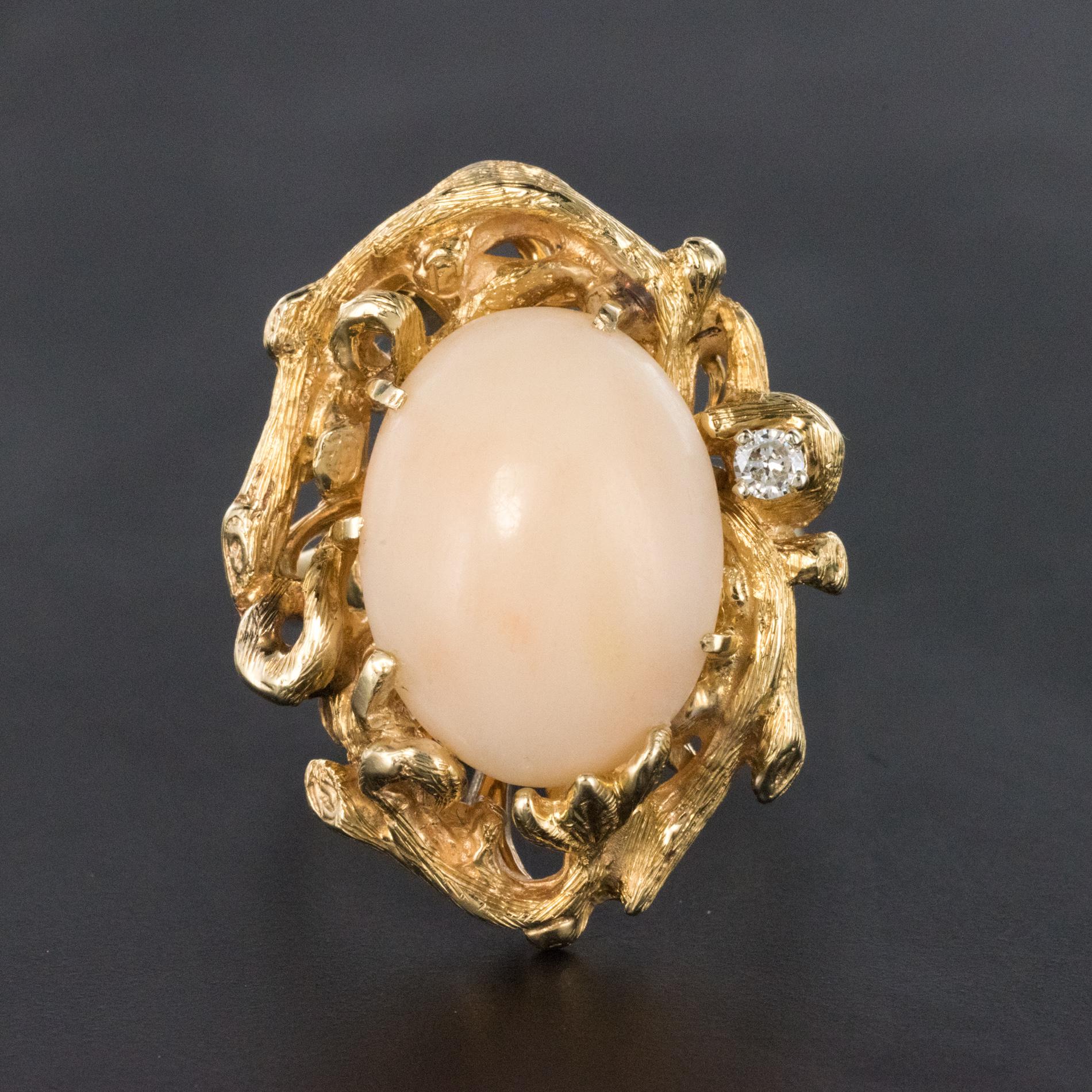Women's 1960s Angel Skin Coral Diamond 14 Karat Yellow Gold Arthur King Spirit Ring For Sale