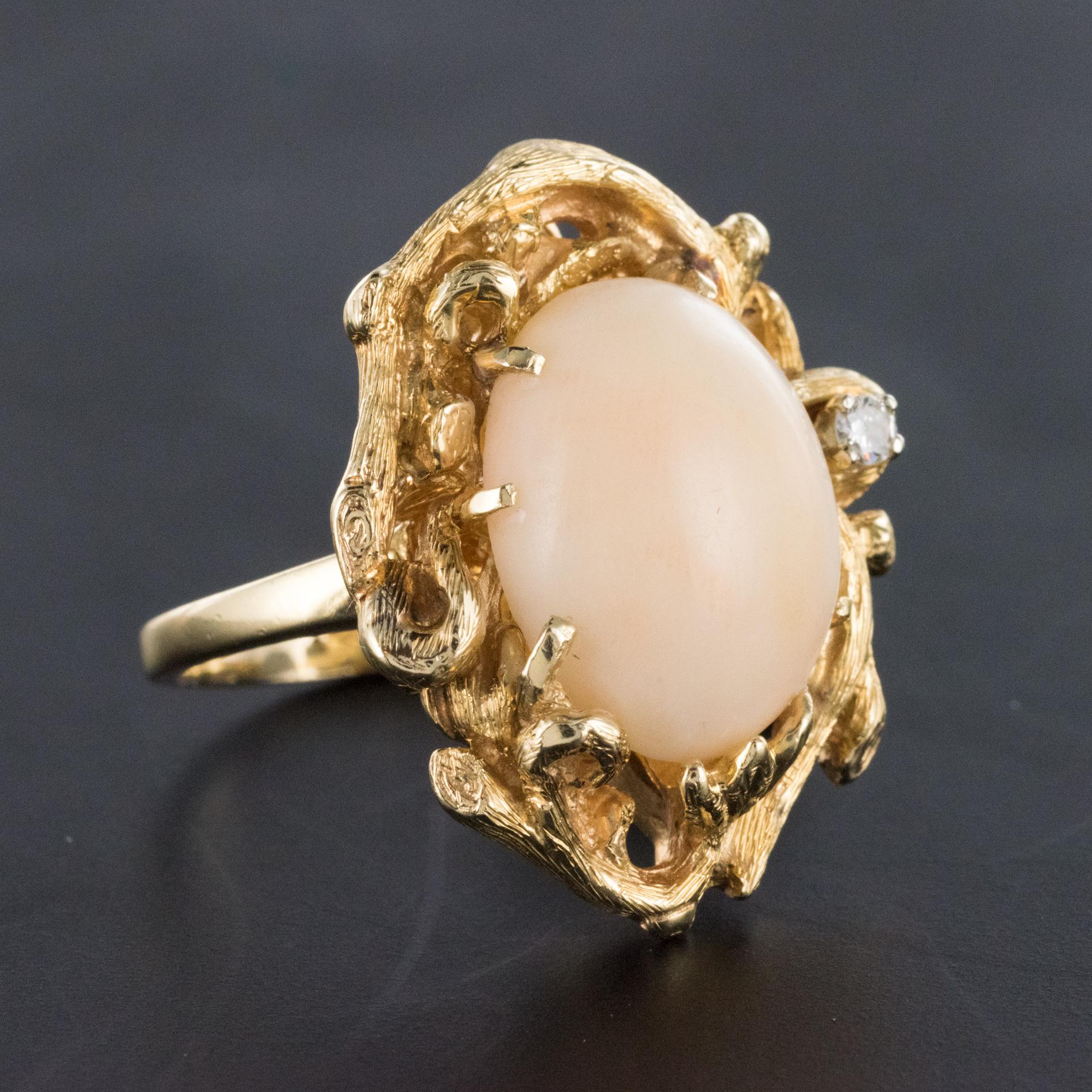 1960s Angel Skin Coral Diamond 14 Karat Yellow Gold Arthur King Spirit Ring For Sale 1