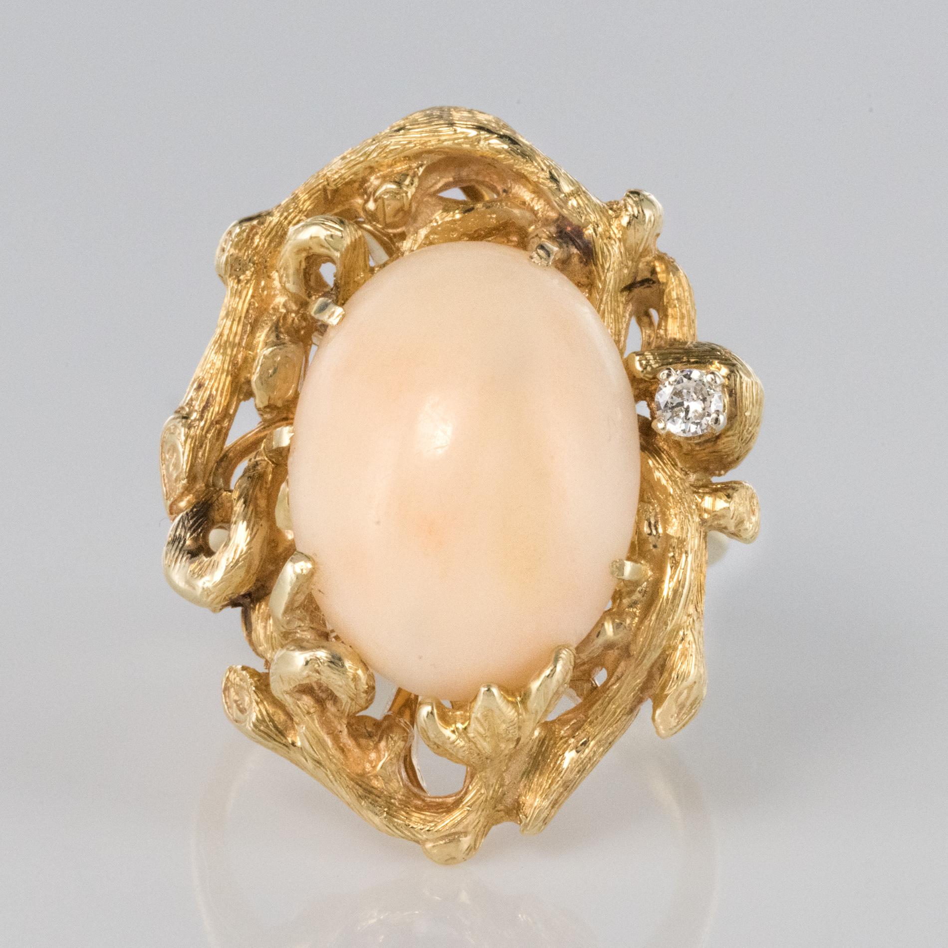 1960s Angel Skin Coral Diamond 14 Karat Yellow Gold Arthur King Spirit Ring For Sale 2