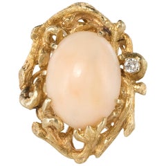 1960s Angel Skin Coral Diamond 14 Karat Yellow Gold Arthur King Spirit Ring