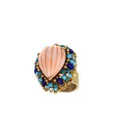 1960s Angel Skin Coral Diamond Turquoise Lapis Cocktail Ring