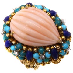 1960s Angel Skin Coral Diamond Turquoise Lapis Cocktail Ring