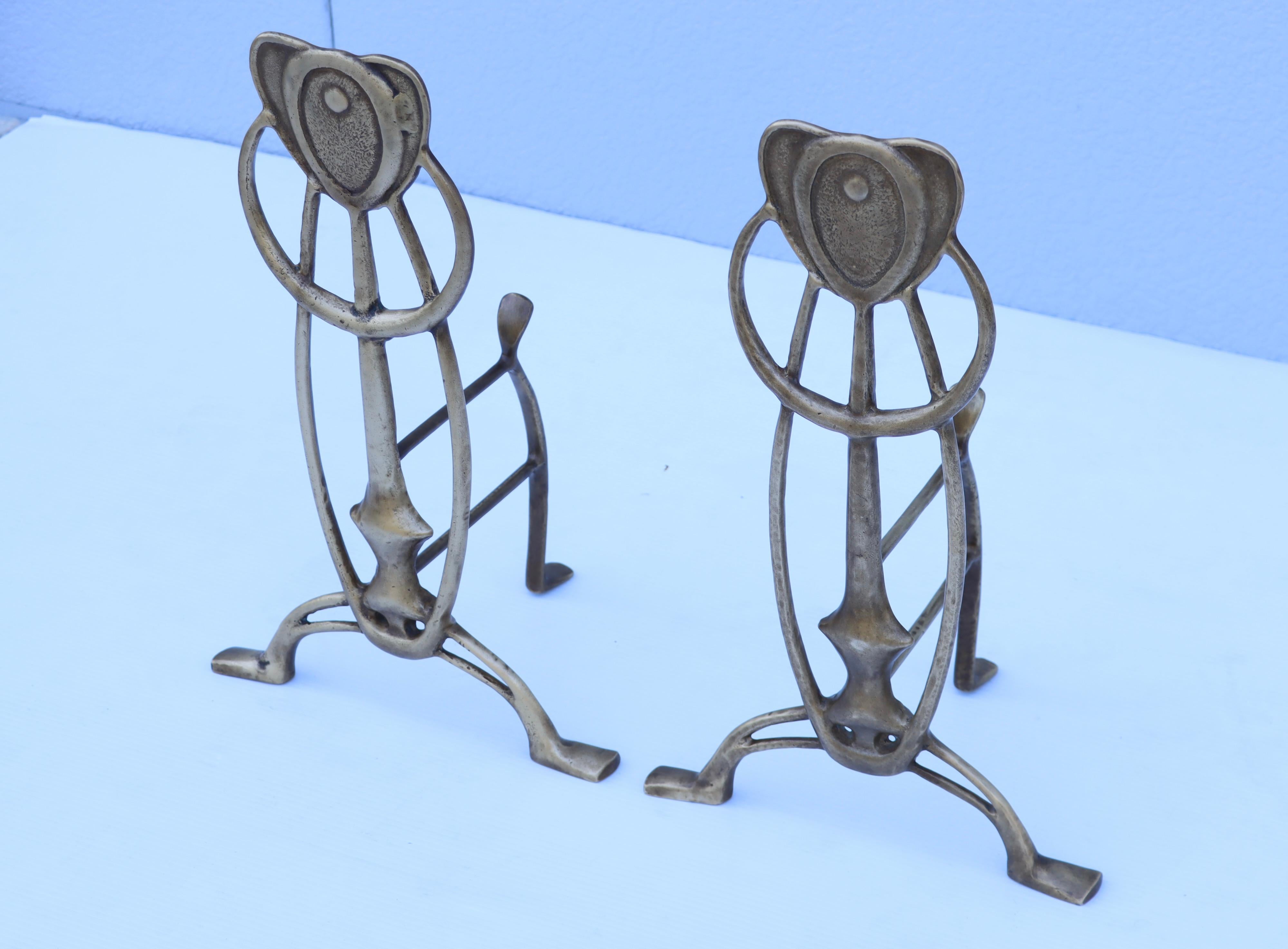 1960's Animal Abstract Brass Andirons In Good Condition For Sale In New York, NY