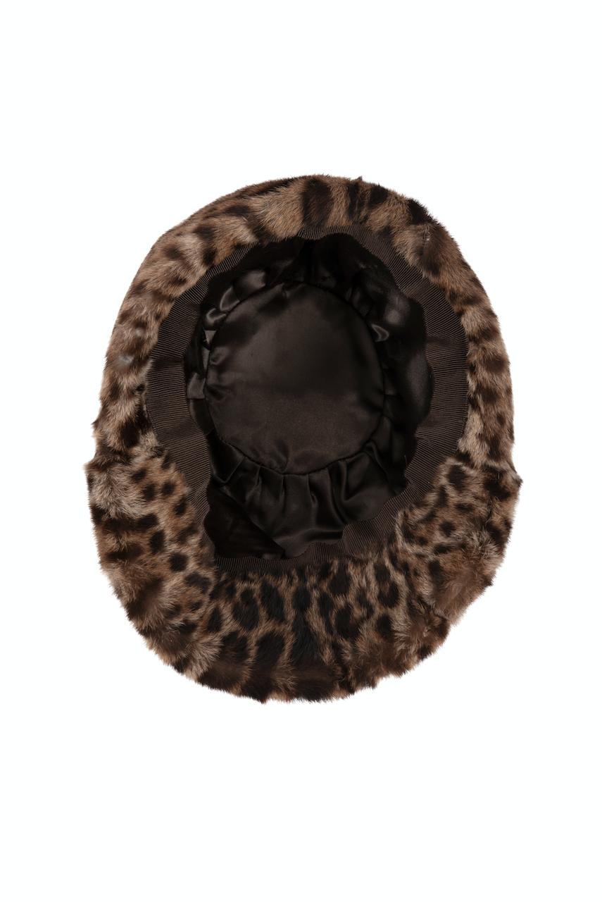 1960s Ocelot Animal Print Leather Bow Embellished Brown Black Genuine Fur Hat For Sale 3