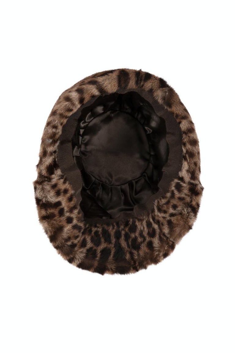 1960s Ocelot Animal Print Leather Bow Embellished Brown Black Genuine Fur Hat For Sale 6